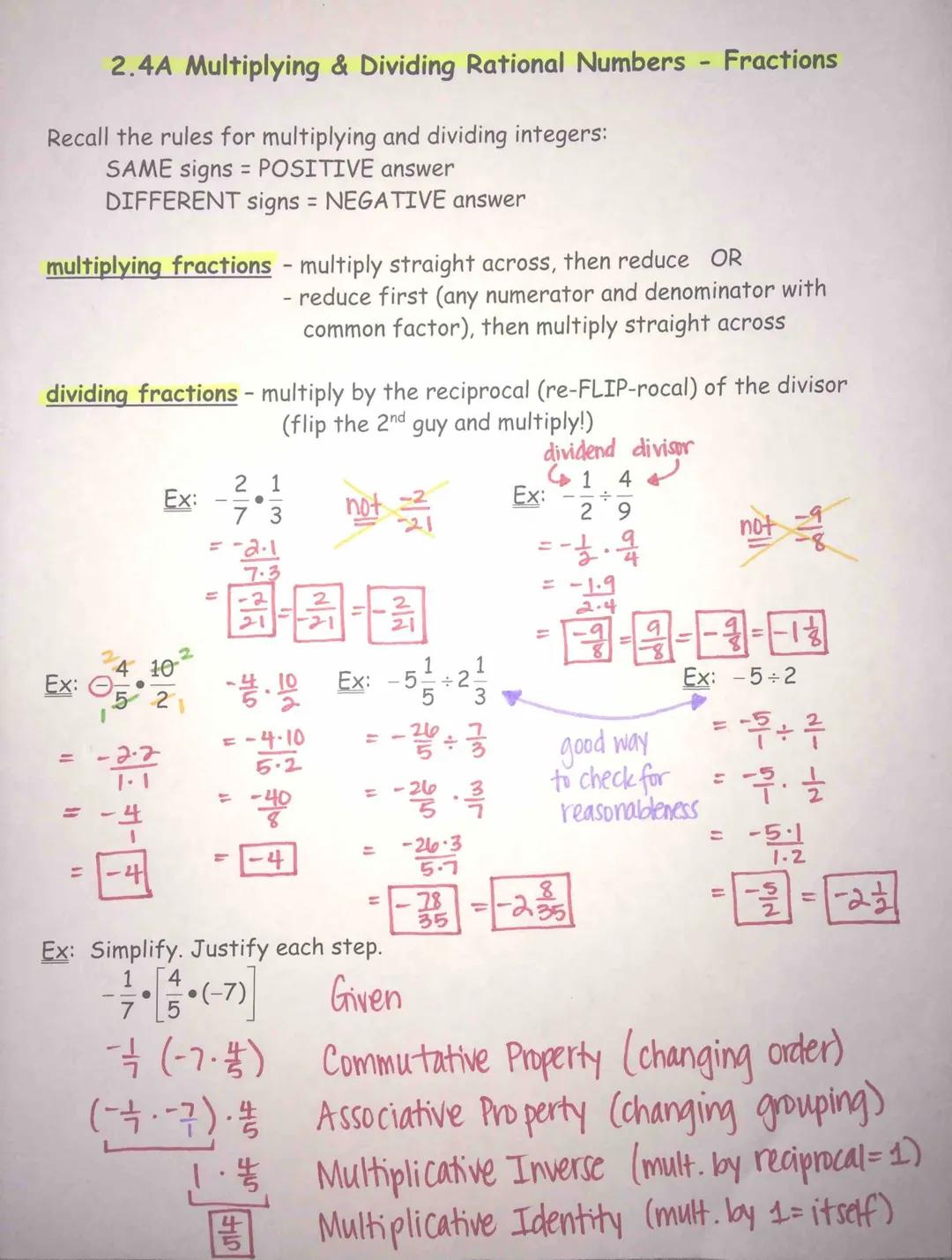 2.4A Multiplying & Dividing Rational Numbers - Fractions
Recall the rules for multiplying and dividing integers:
SAME signs = POSITIVE answe
