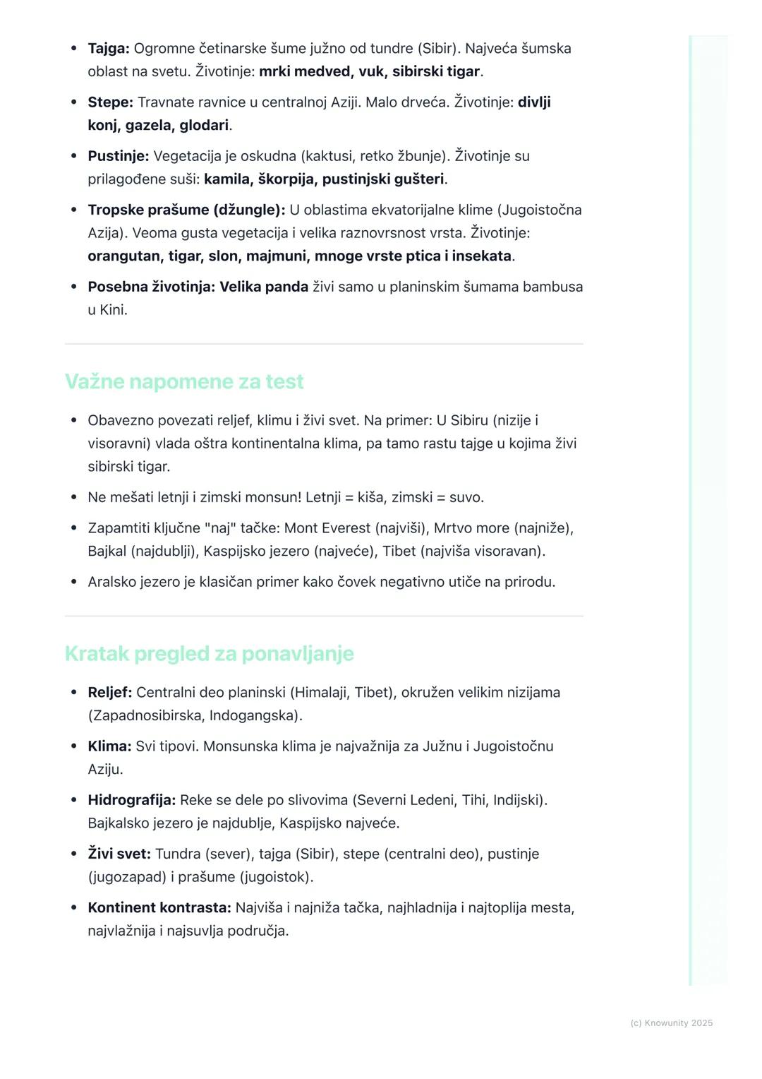 # Prirodne odlike Azije (reljef,
klima, hidrografija, biljni i
životinjski svet)
Prirodne odlike Azije - opšti pregled
Azija je najveći i