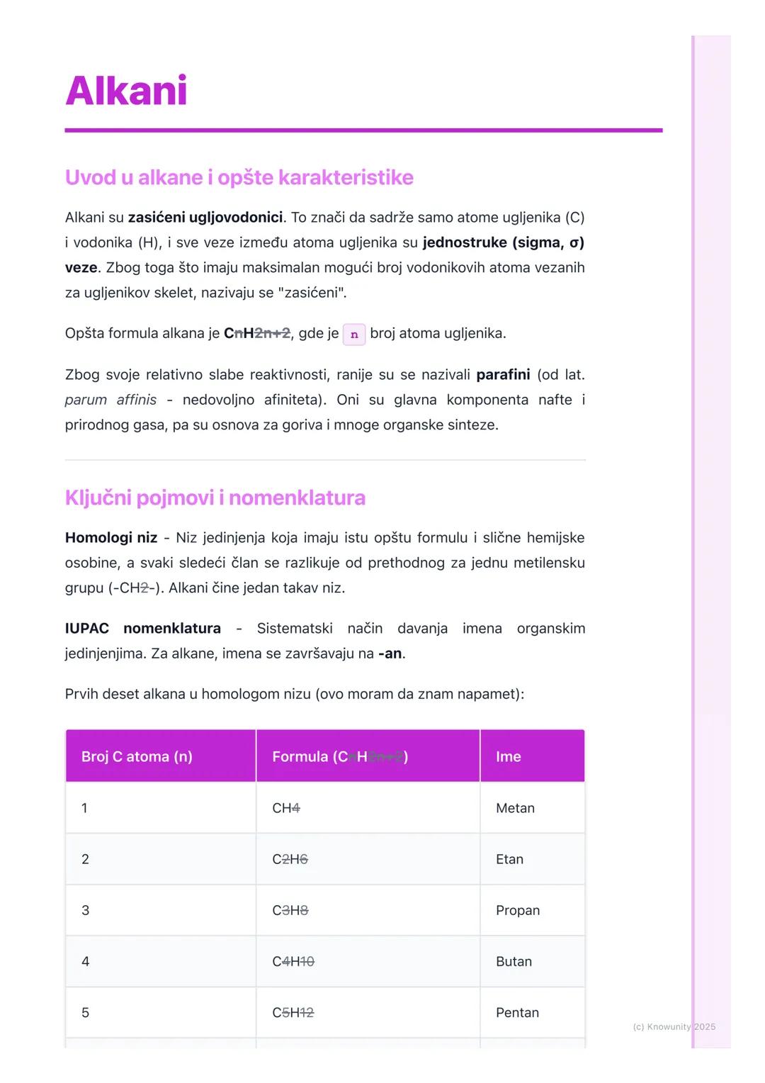 # Alkani
Uvod u alkane i opšte karakteristike
Alkani su zasićeni ugljovodonici. To znači da sadrže samo atome ugljenika (C)
i vodonika (H)