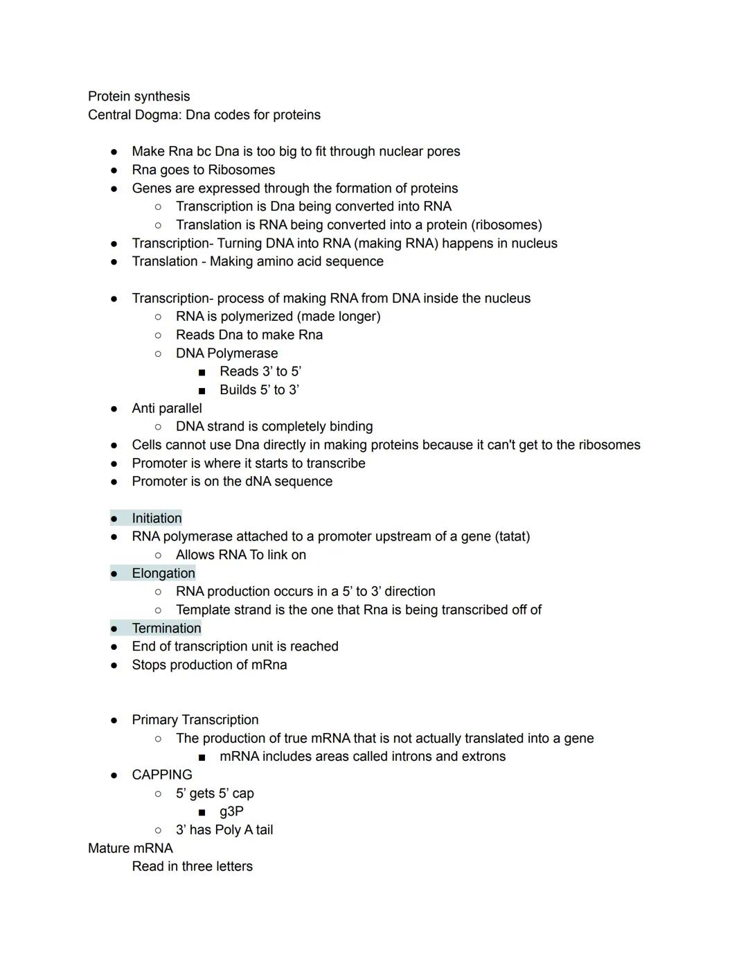 Protein synthesis
Central Dogma: Dna codes for proteins
* Make Rna bc Dna is too big to fit through nuclear pores
* Rna goes to Ribosom