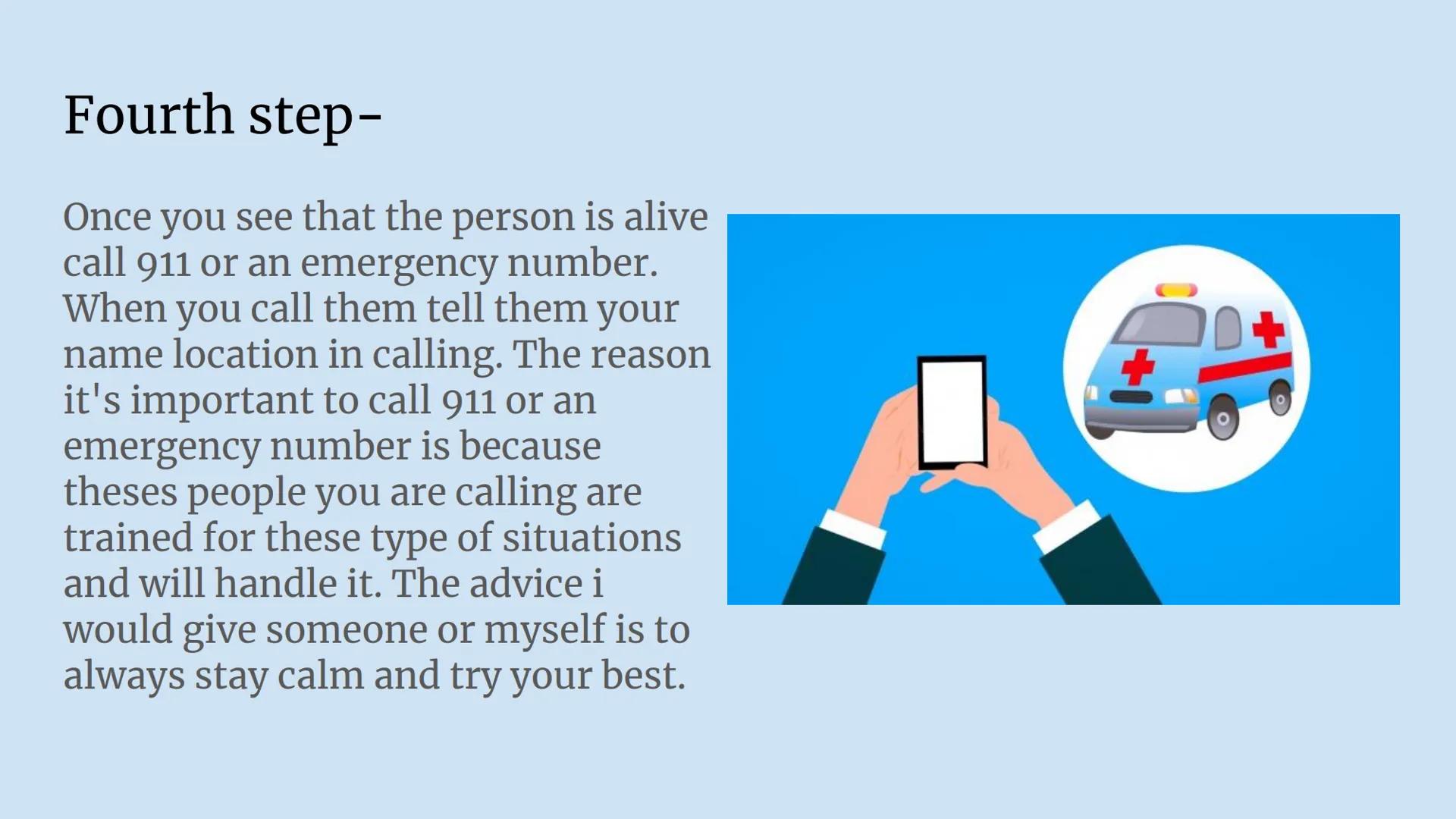 # How to give CPR
-Dulce Castellon First step-
The first thing you should do
if you see someone harm. You
should always first check
scene