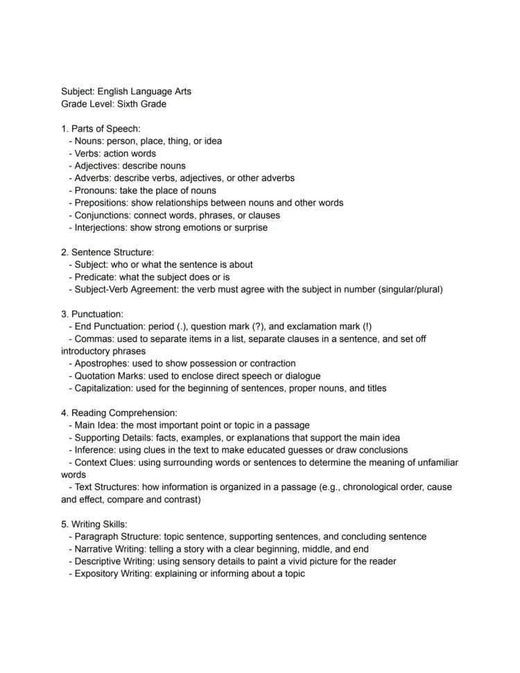 Simply explained: Free 6th Grade English Study Notes for Finals