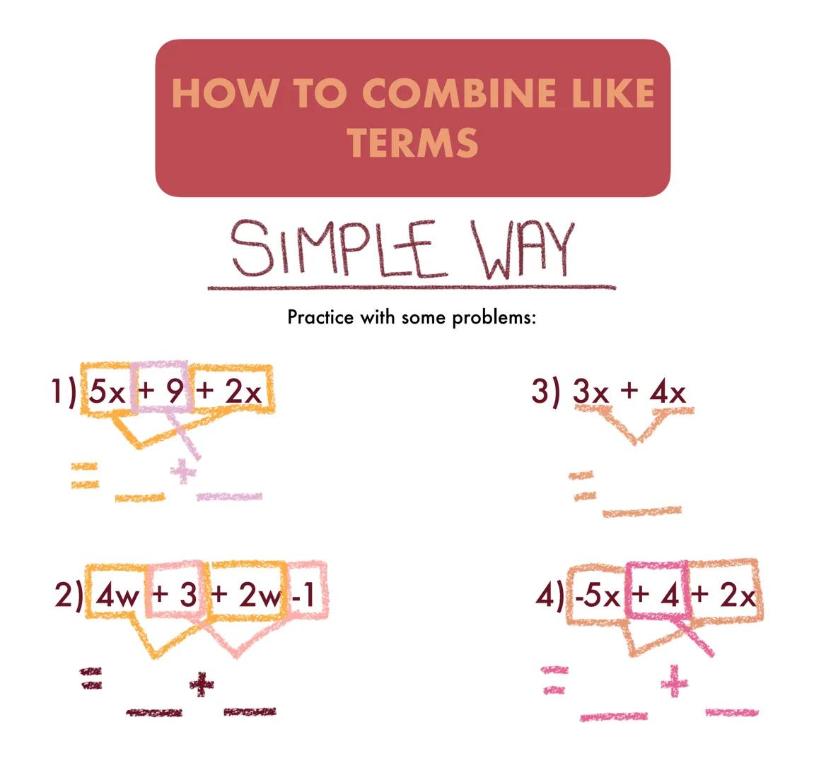HOW TO COMBINE LIKE
TERMS
SIMPLE WAY
3x+4+2x
find the terms that are the same: in this example it's
3x+4+2x
add them together, always rememb
