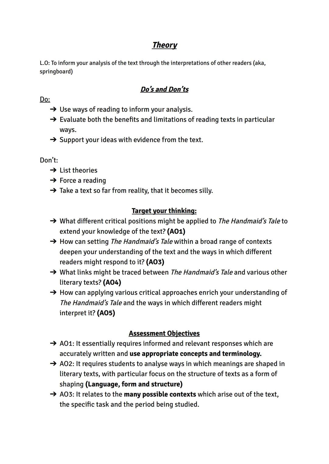 Theory
L.O: To inform your analysis of the text through the interpretations of other readers (aka,
springboard)
Do's and Don'ts
Do:
→ Use wa