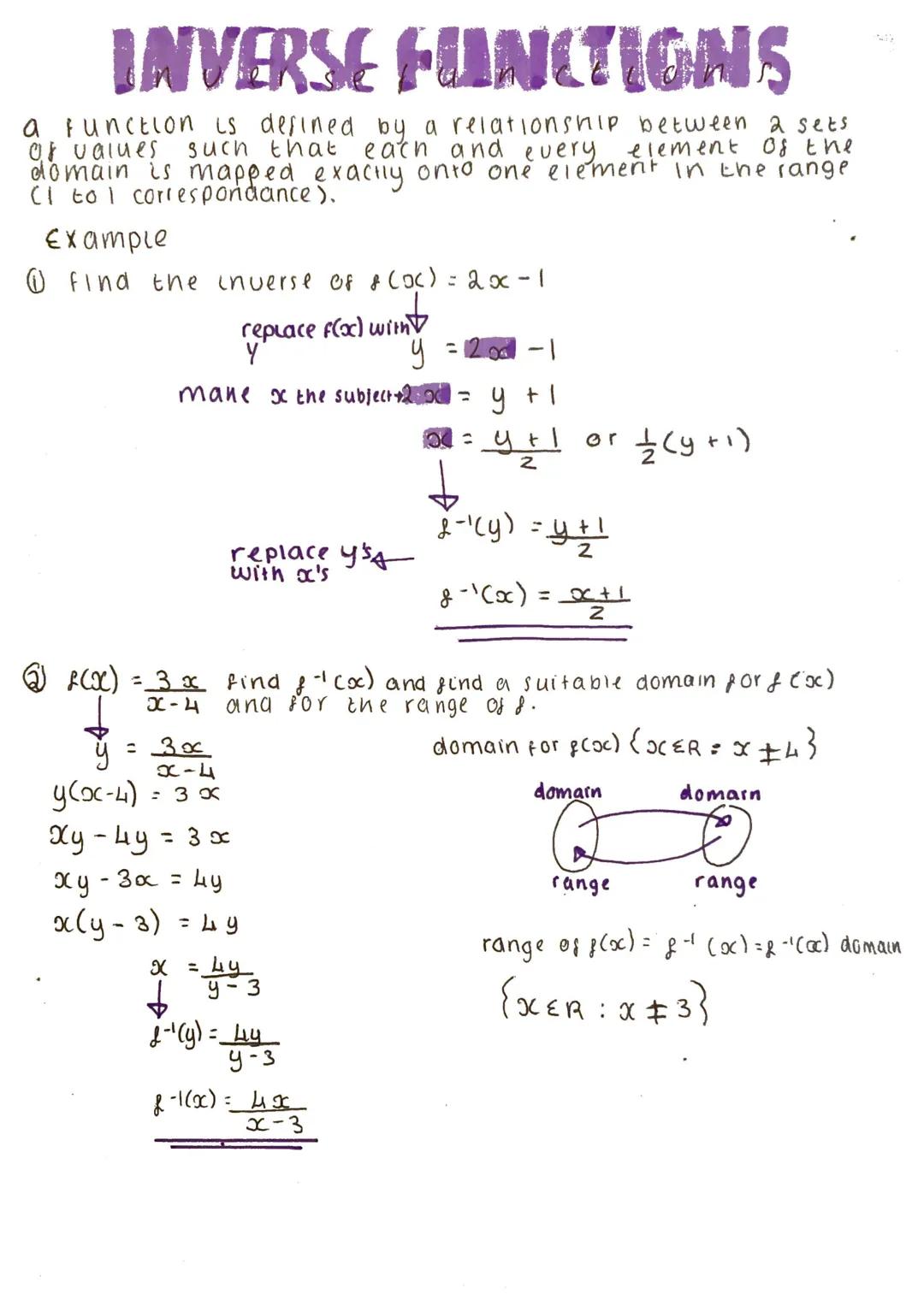 INVERSE FUNCTIONS
a function is defined by a relationship between 2 sets
of values such that each and every element of the
domain is mapped