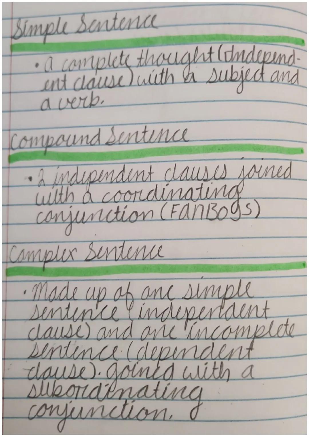 Simple Sentence
• a complete thought (onderend.
ent clause) with a subject and
a verb.
Compound Sentence
• 2 independent clauses joined
with