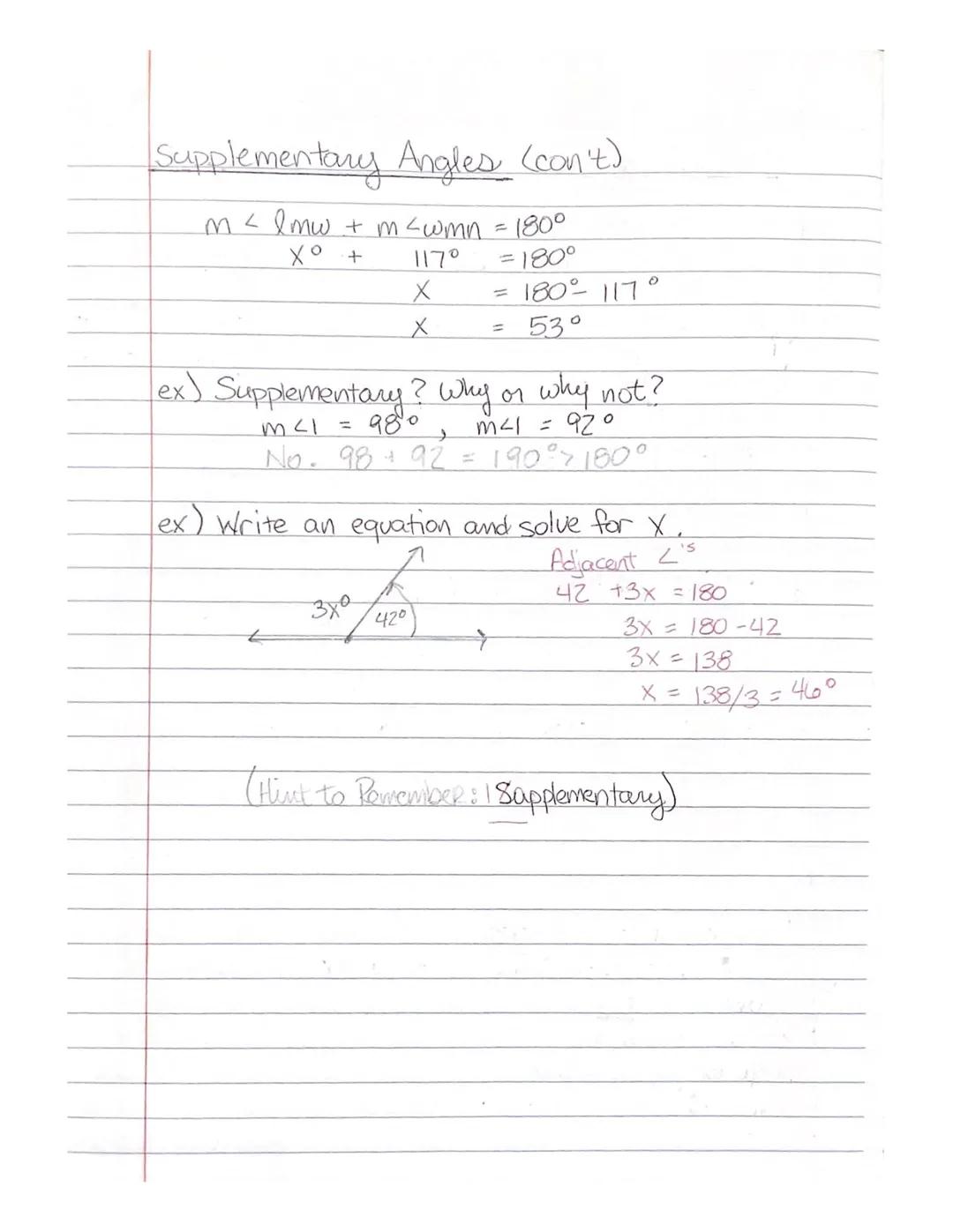 Complementary and Supplementary Angles.
1) Complementary Angles +
a pair of angles whose measures add up to 90°
Chint: Co can make Qo° )
ex