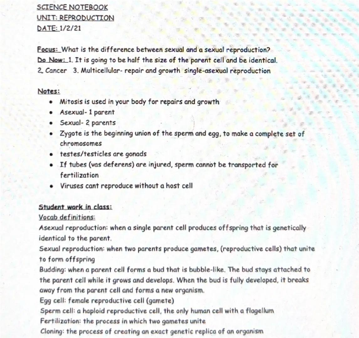 # SCIENCE NOTEBOOK
# UNIT: REPRODUCTION
# DATE: 1/2/21
Focus: What is the difference between sexual and a sexual reproduction?
Do Now: 1. I
