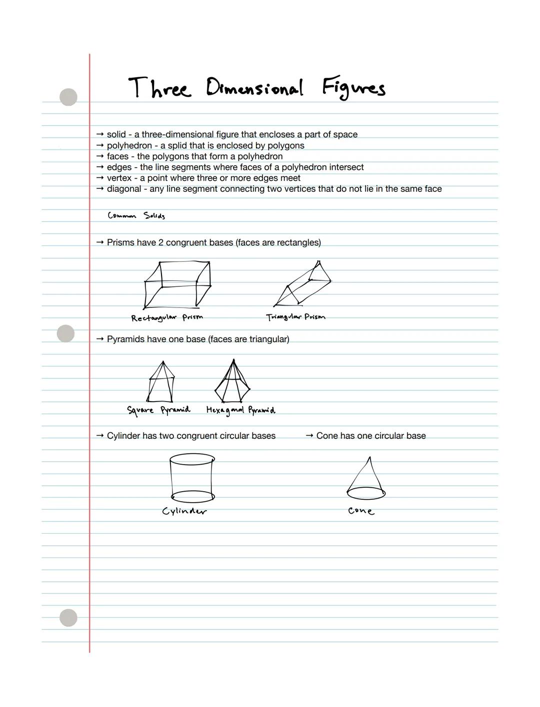 Three Dimensional Figures
→ solid - a three-dimensional figure that encloses a part of space
→ polyhedron - a splid that is enclosed by poly