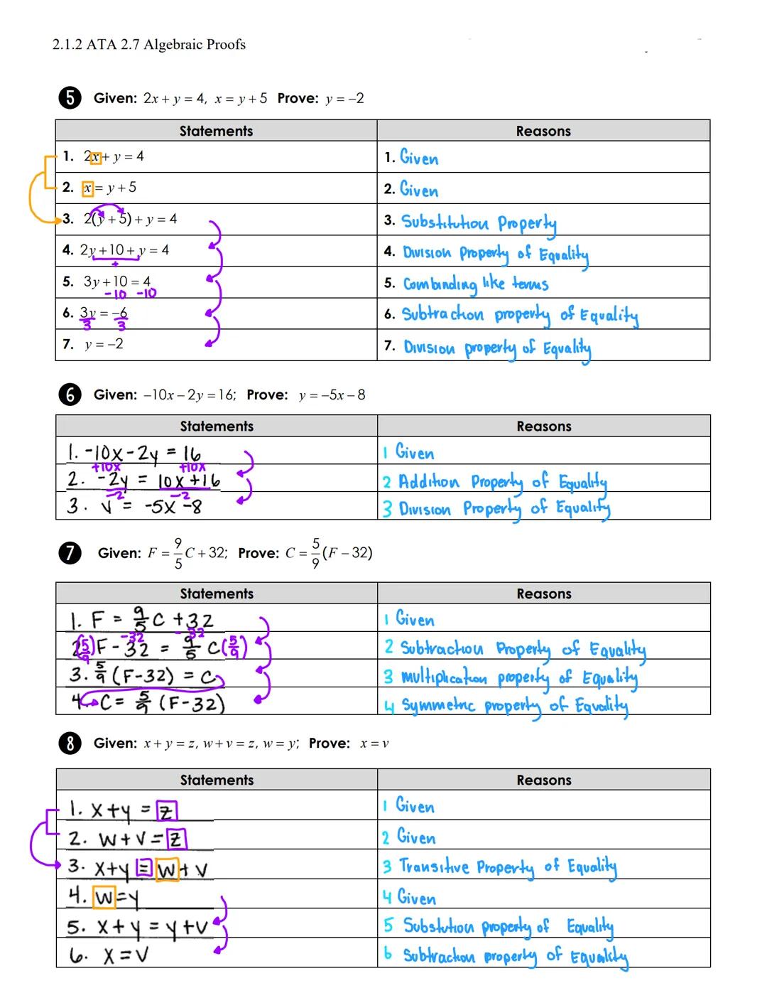 2.1.2 ATA 2.7 Algebraic Proofs
Use the properties of equality to complete each proof.
Given: 6x-2y = 14; Prove: y = 3x - 7
Statements
1. 6x-
