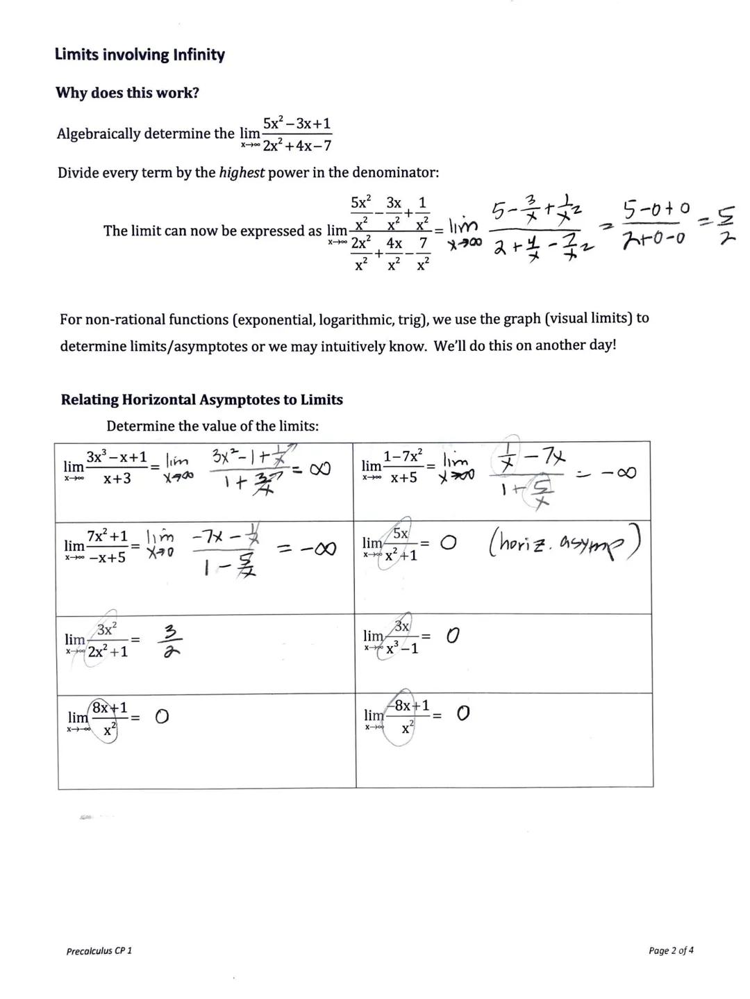 Pre-Calculus CP 1 - Limits involving Infinity
Horizontal and Vertical Asymptotes
Horizontal Asymptotes:
1
Graph of * f(x) = ¹
RULES (these s