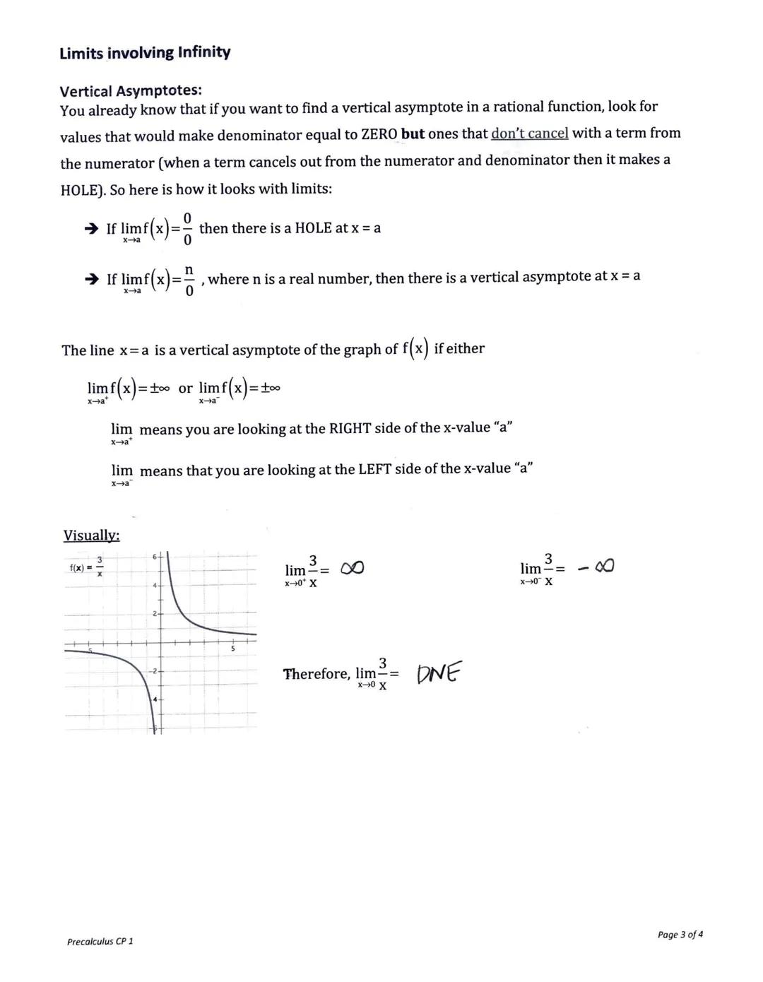 Pre-Calculus CP 1 - Limits involving Infinity
Horizontal and Vertical Asymptotes
Horizontal Asymptotes:
1
Graph of * f(x) = ¹
RULES (these s