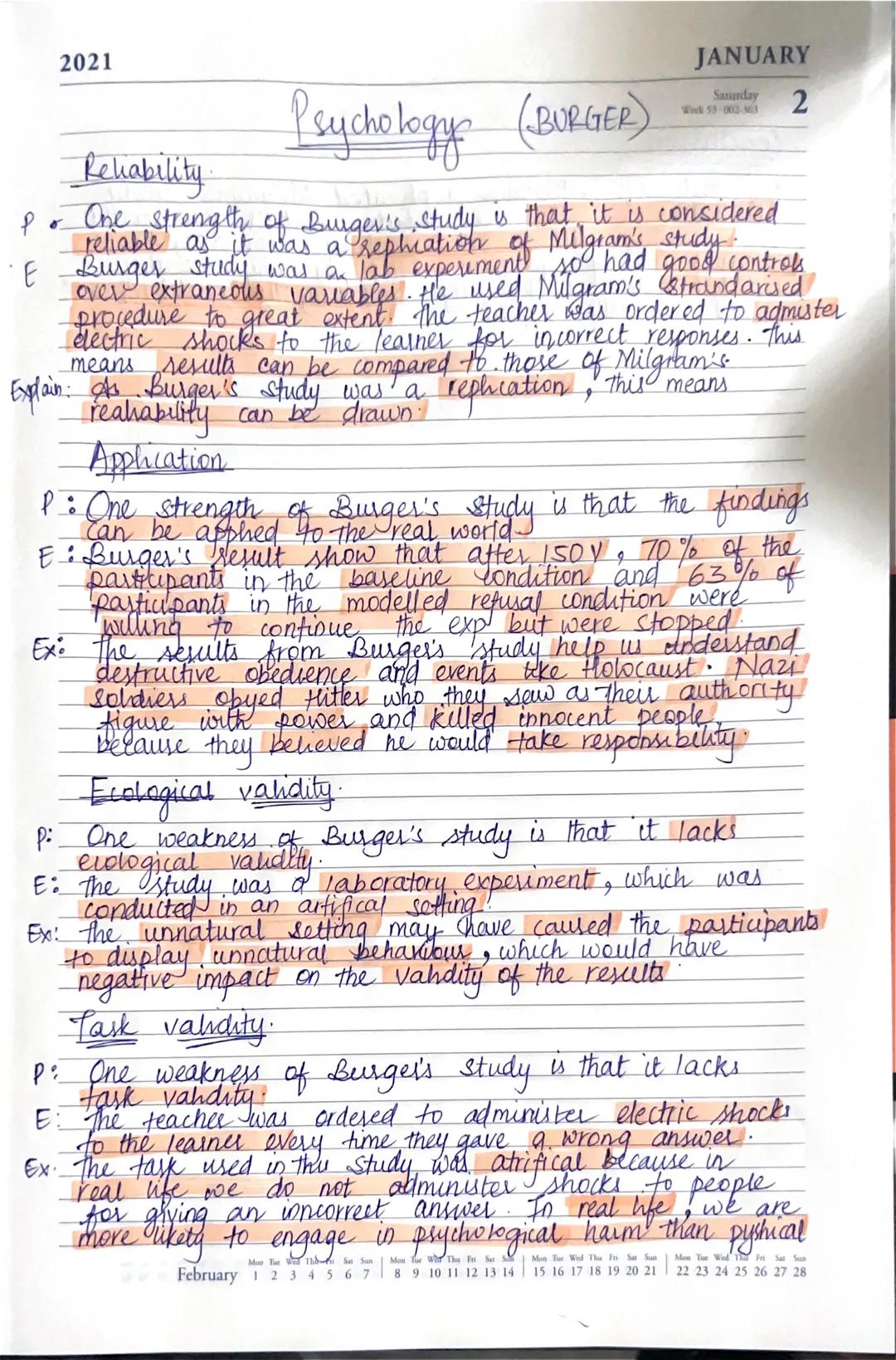 2021
Psychologyf
Reliability
Po
is considered
reliable as it was a rephiation of Milgram's study.
E Burger study was a lab experiment so had