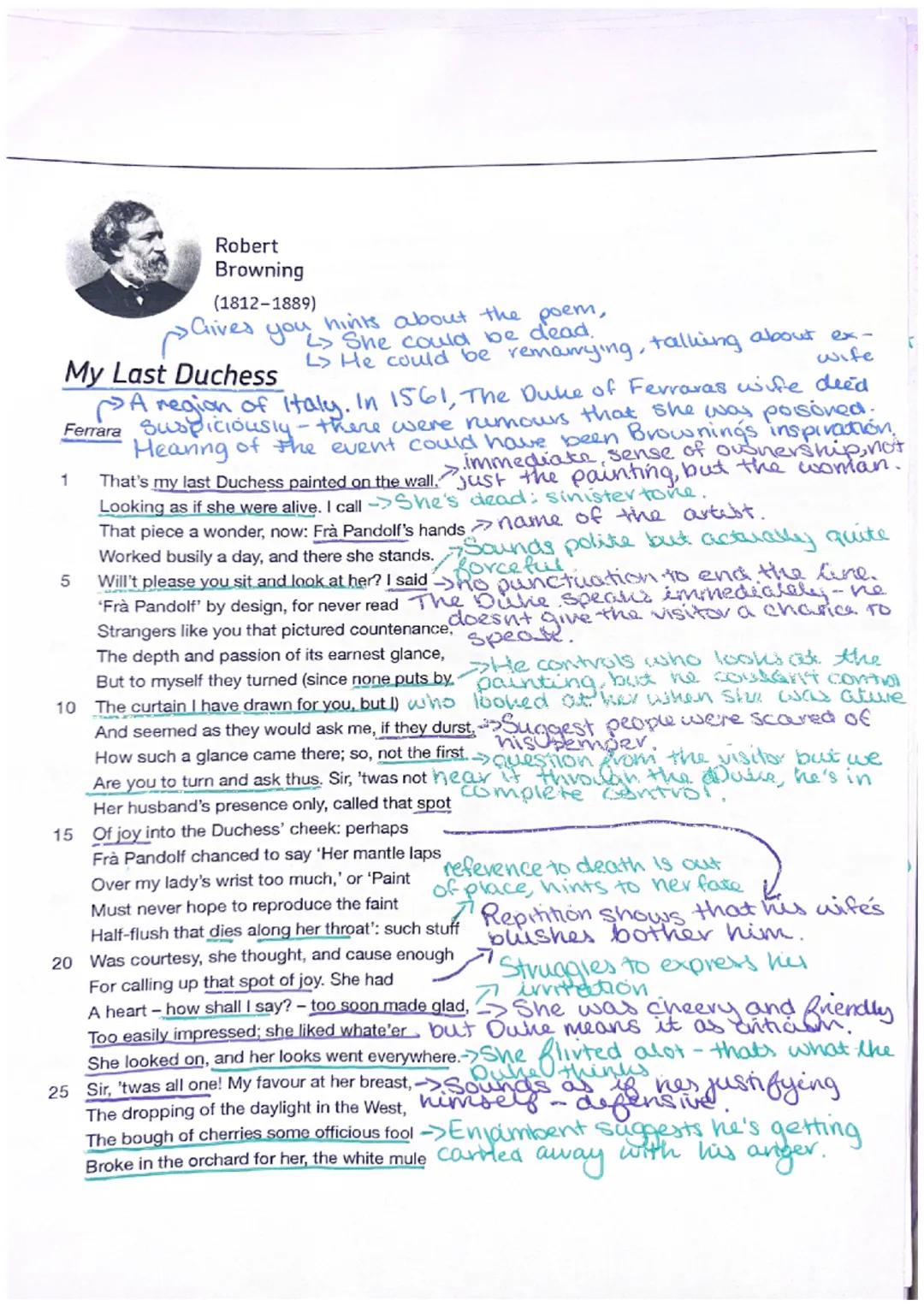 Robert
Browning
(1812-1889)
hints about the poem,
● Gives you hinne could be dead.
wife
My Last Duchess
Ferrara
L> He could be remarrying, t