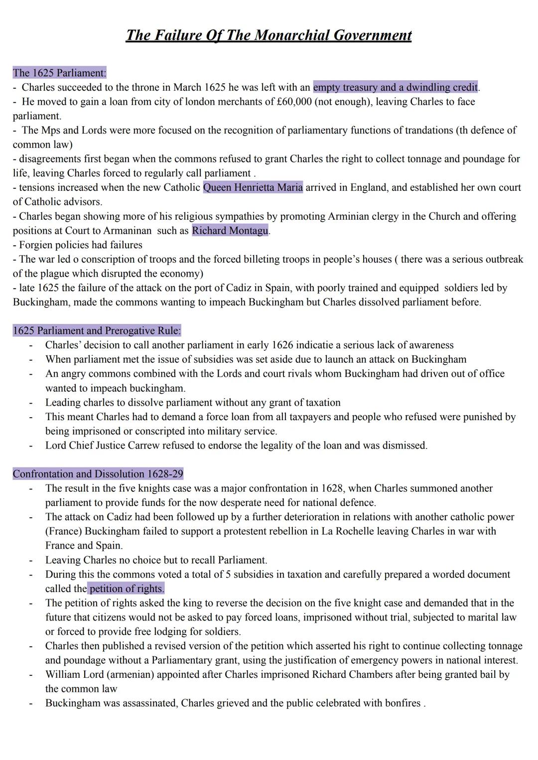 The Failure Of The Monarchial Government
The 1625 Parliament:
- Charles succeeded to the throne in March 1625 he was left with an empty trea