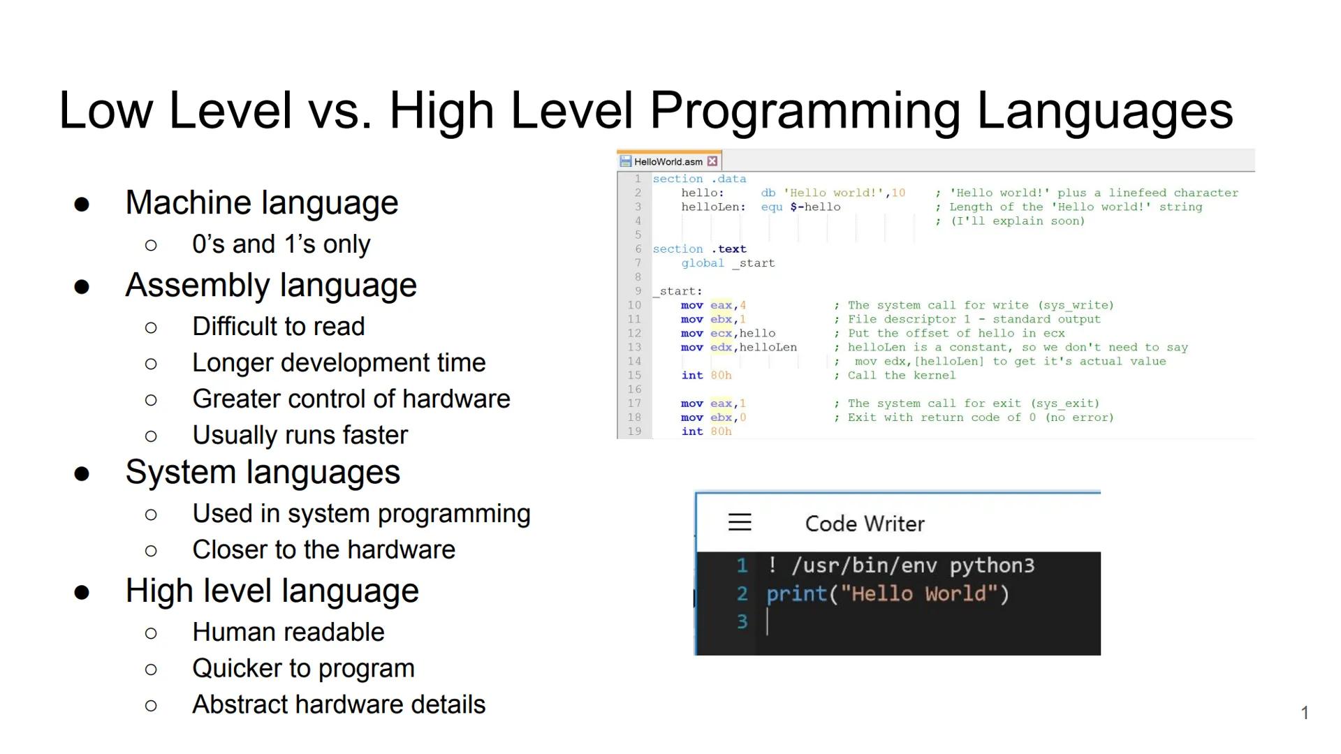 # Low Level vs. High Level Programming Languages
• Machine language
Ο 0's and 1's only
• Assembly language
Ο Difficult to read
Ο Longer
