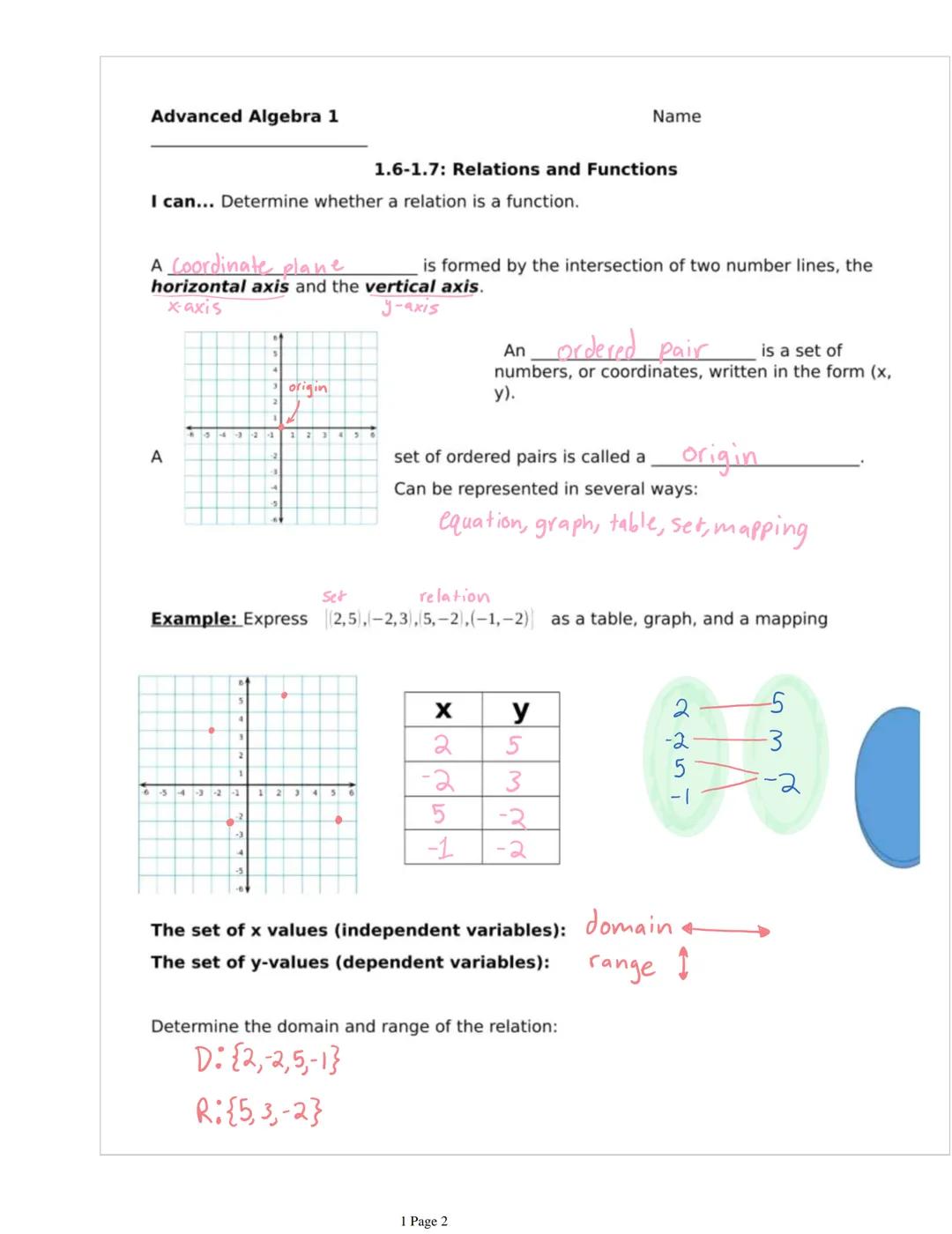 Advanced Algebra 1
I can... Determine whether a relation is a function.
A
A Coordinate plane
is formed by the intersection of two number lin