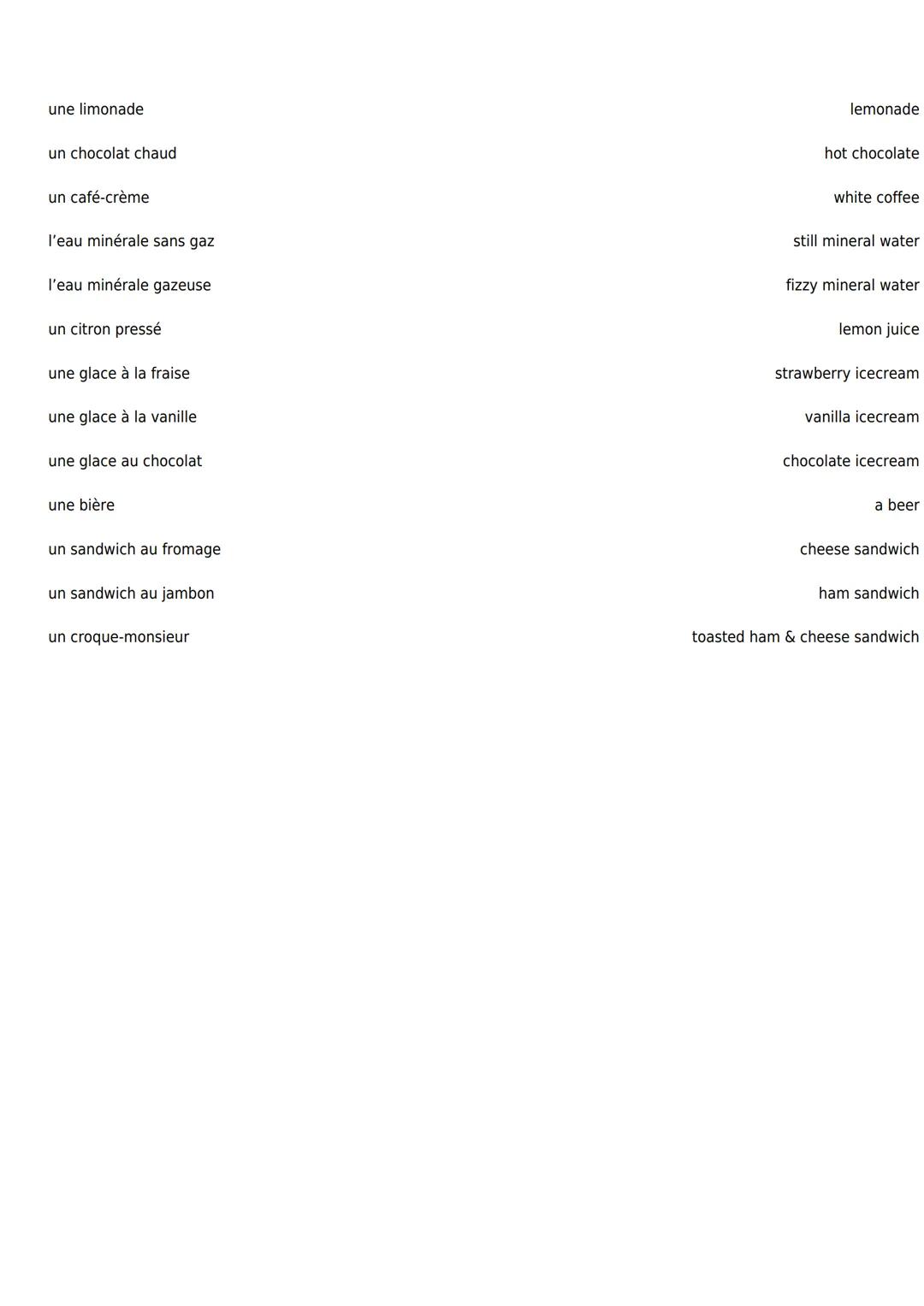 la crêpe
les escargots
la brioche
le pain au chocolat
le croissant
le champagne
les cuisses de grenouilles
les moules
la tarte au citron
l'o