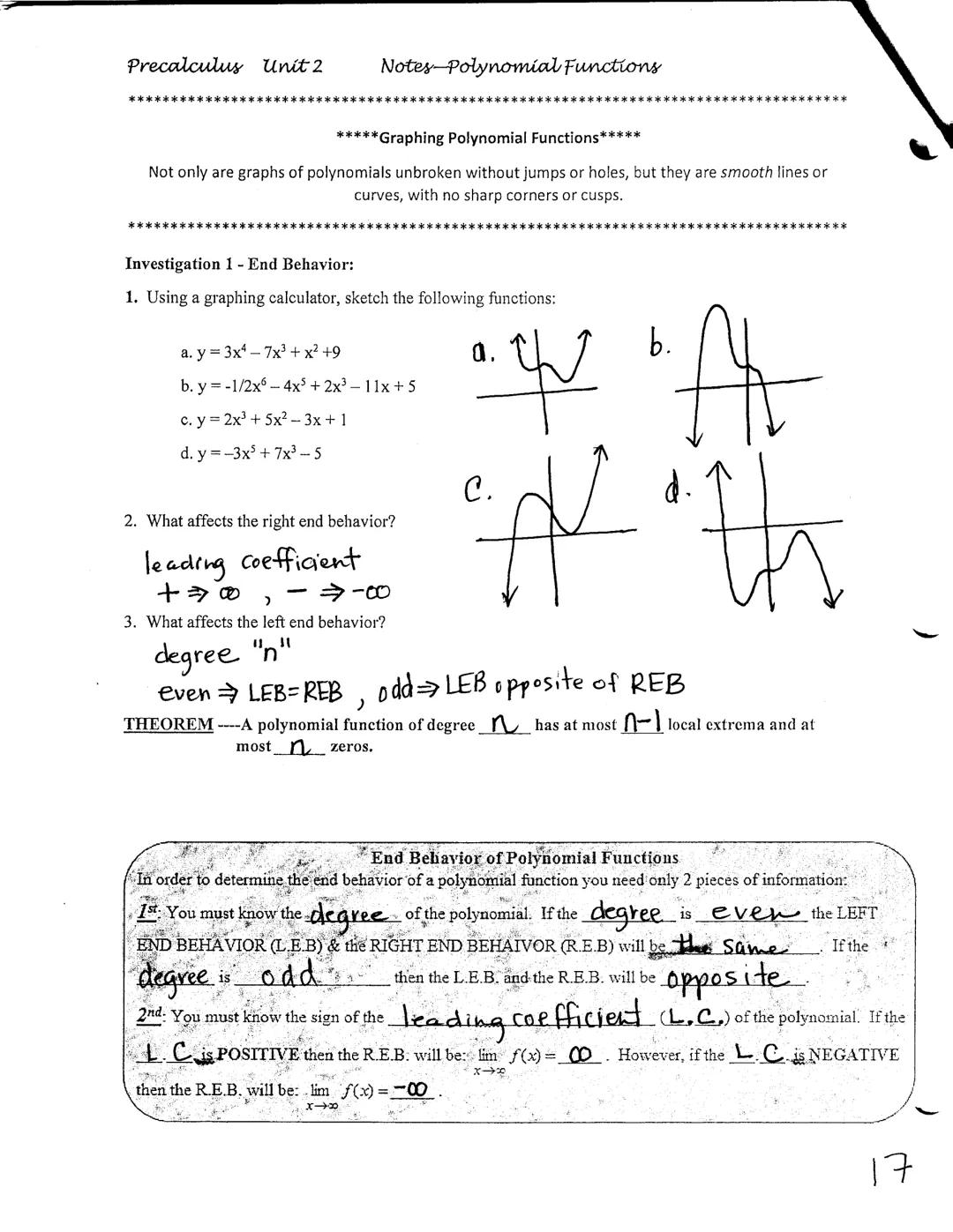 Precalculus Unit 2
Notes-Polynomial Functions
*****Graphing Polynomial Functions*****
Not only are graphs of polynomials unbroken without ju