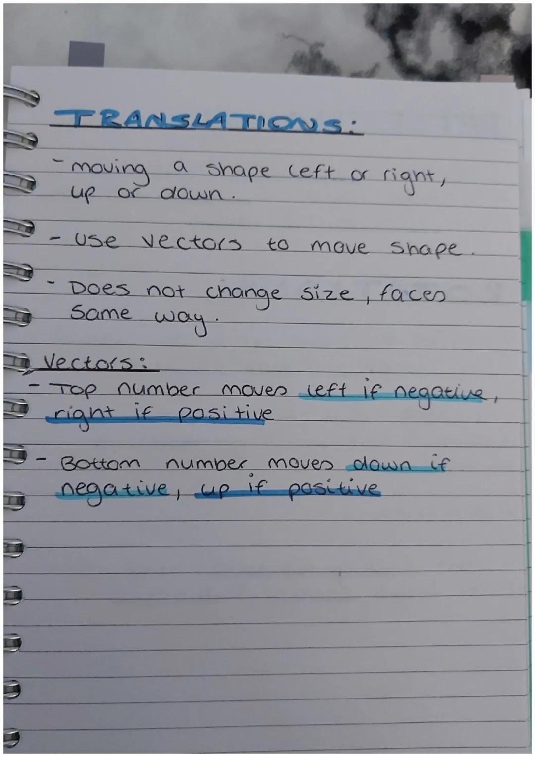 # TRANSLATIONS:
- moving a shape left or right,
up or down.
- use vectors to move shape.
- Does not change size, faces
Same way.
# Vectors: