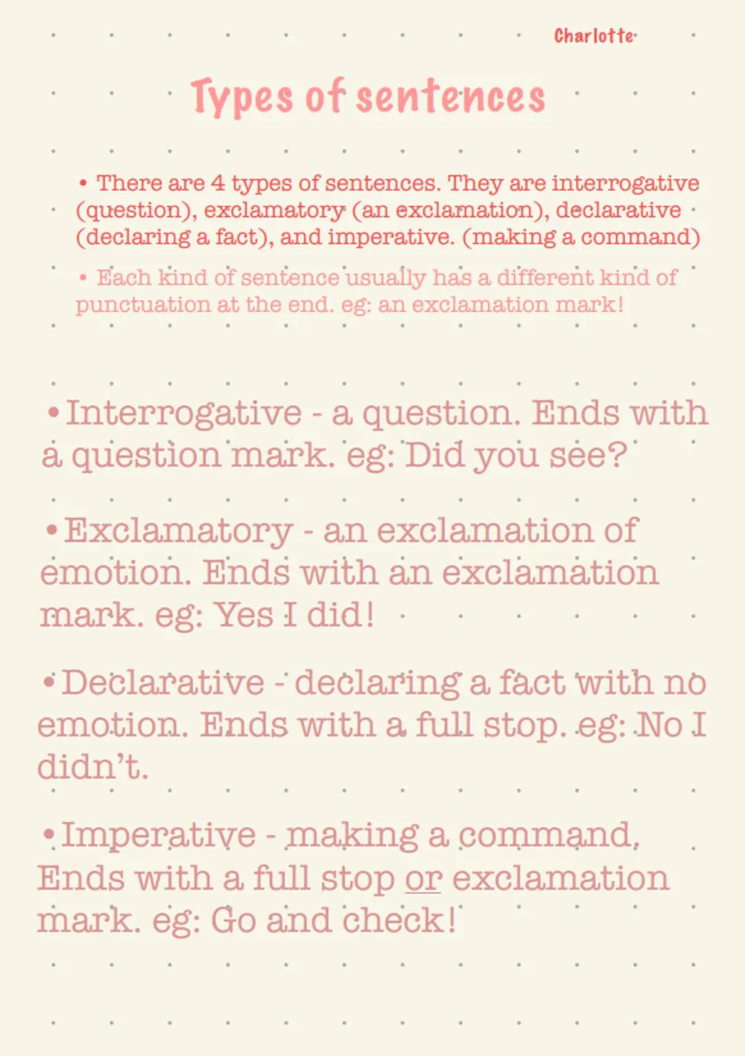 Charlotte
Types of sentences
There are 4 types of sentences. They are interrogative
(question), exclamatory (an exclamation), declarative.
(
