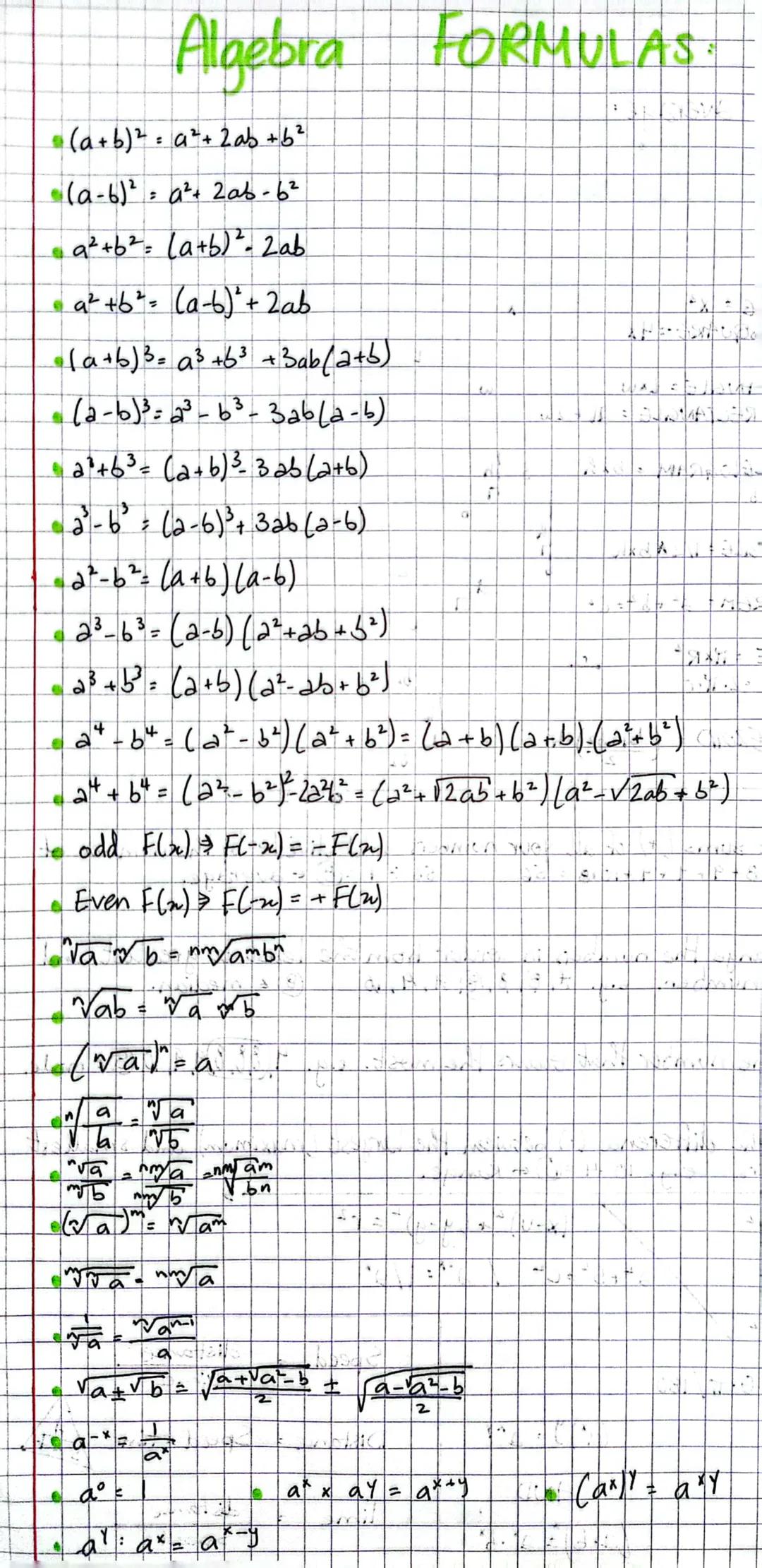 # Algebra FORMULAS
* (a+b)²= a²+2ab+b²
* (a-b)²= a²+ 2ab-62
* a²+b²= (a+b)²-2ab
* a²+b²= (ab)² + 2ab
* (a+b)³= a³+b³+3ab(a+b)
*