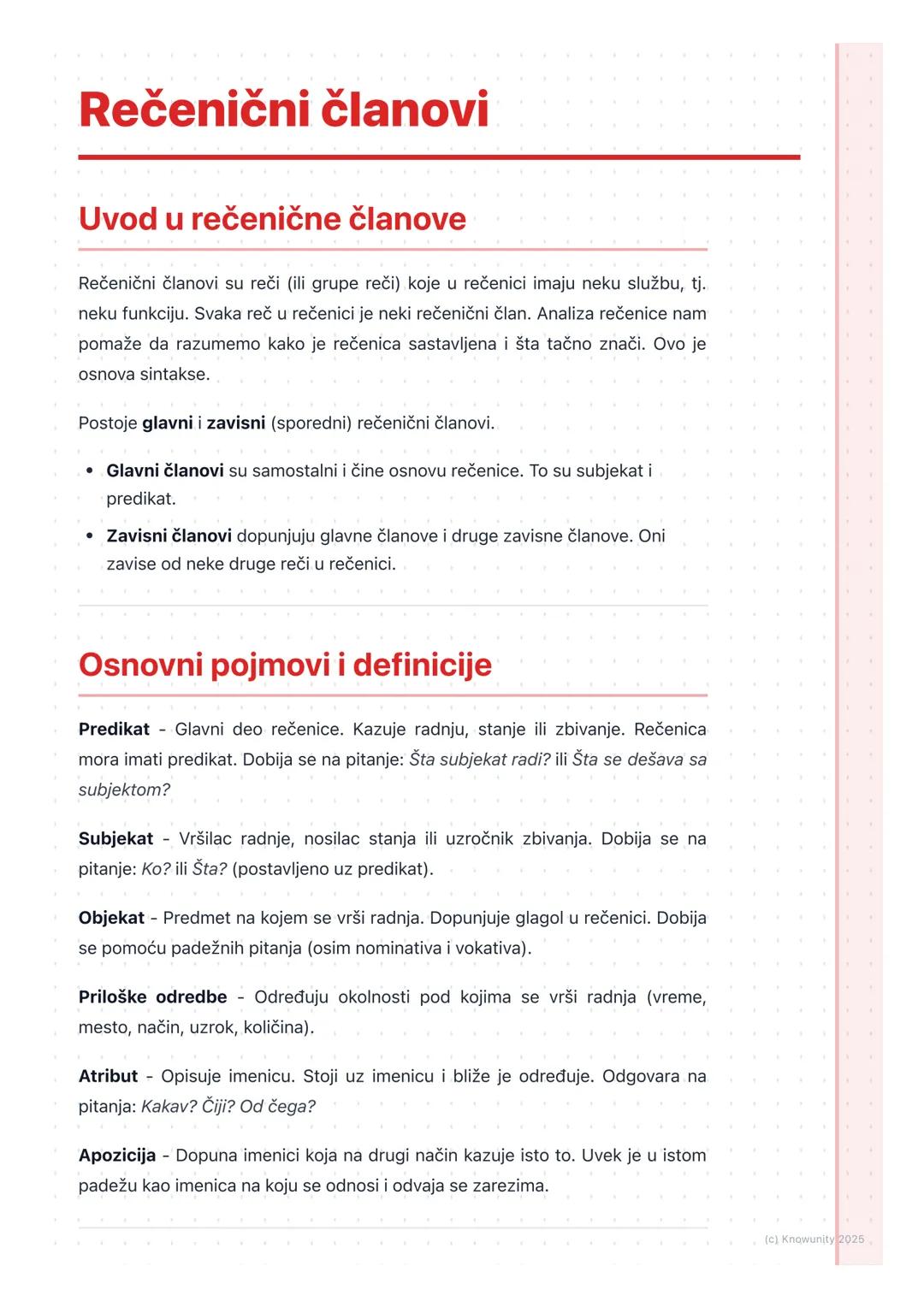 # Rečenični članovi
## Uvod u rečenične članove
Rečenični članovi su reči (ili grupe reči) koje u rečenici imaju neku službu, tj.
neku fun