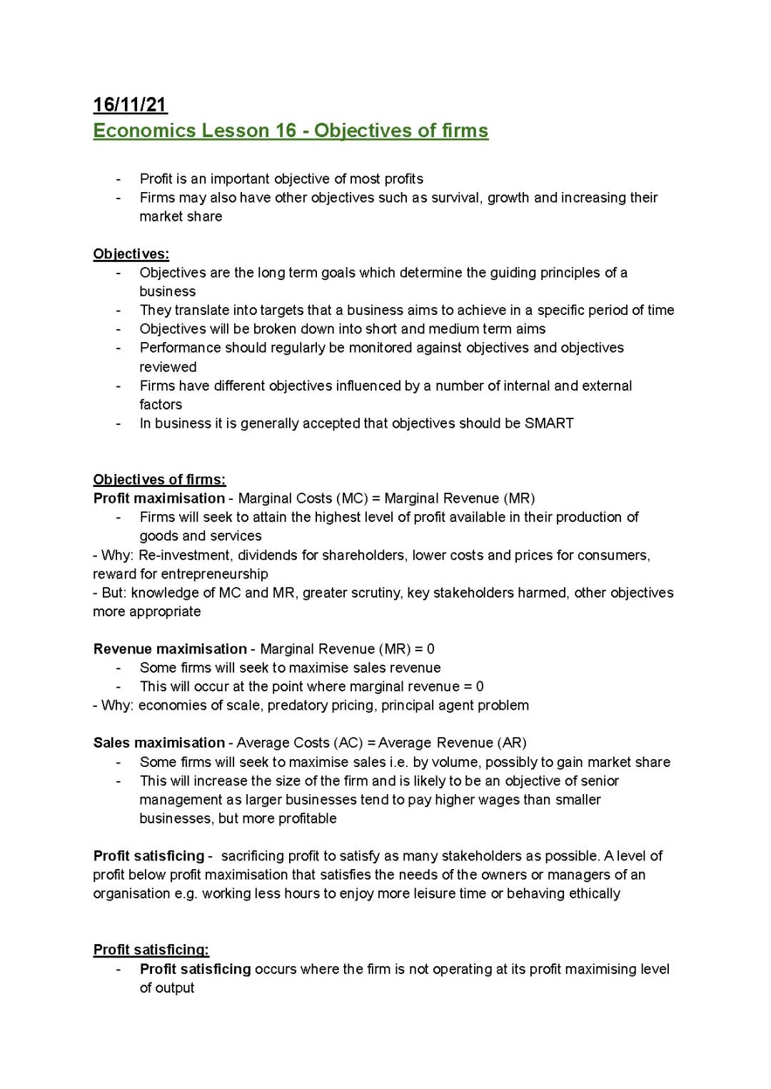 Economics - Objectives of firms