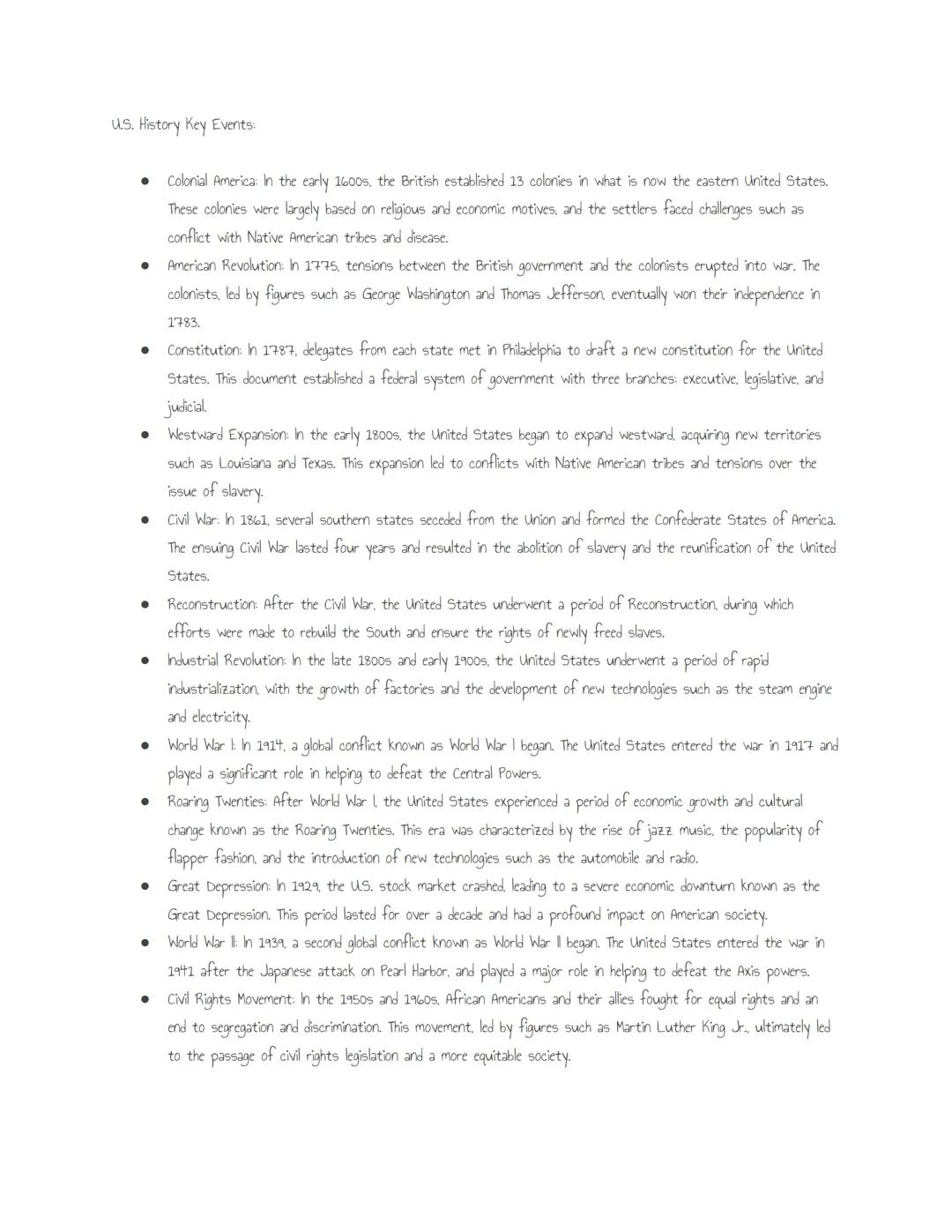 U.S. History Key Events:
- Colonial America: In the early 1600s, the British established 13 colonies in what is now the eastern United Stat