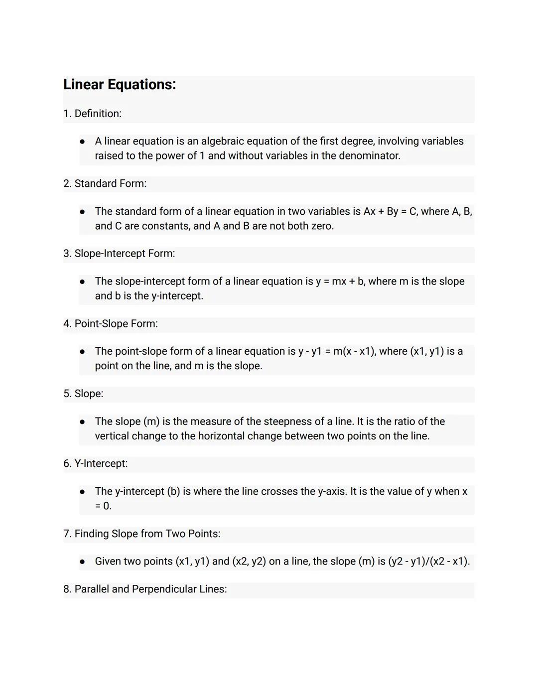 Linear Equations:
1. Definition:
- A linear equation is an algebraic equation of the first degree, involving variables
raised to the power