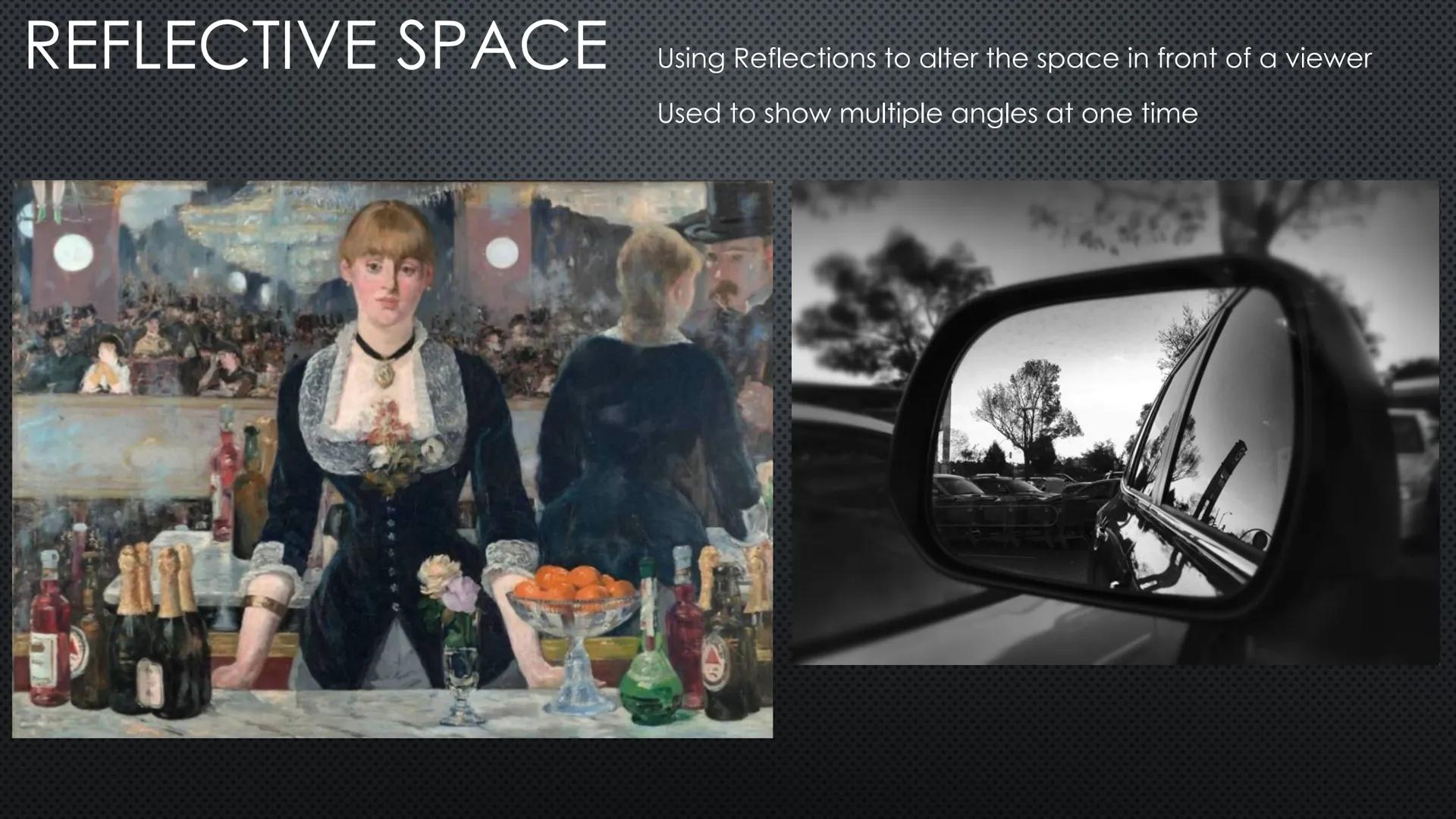 SPACE
Size Variation/Positioning
Smaller in distance Lower Close up
Larger up close Higher = Farther away
1 Point Perspective
1 Vanishing Po