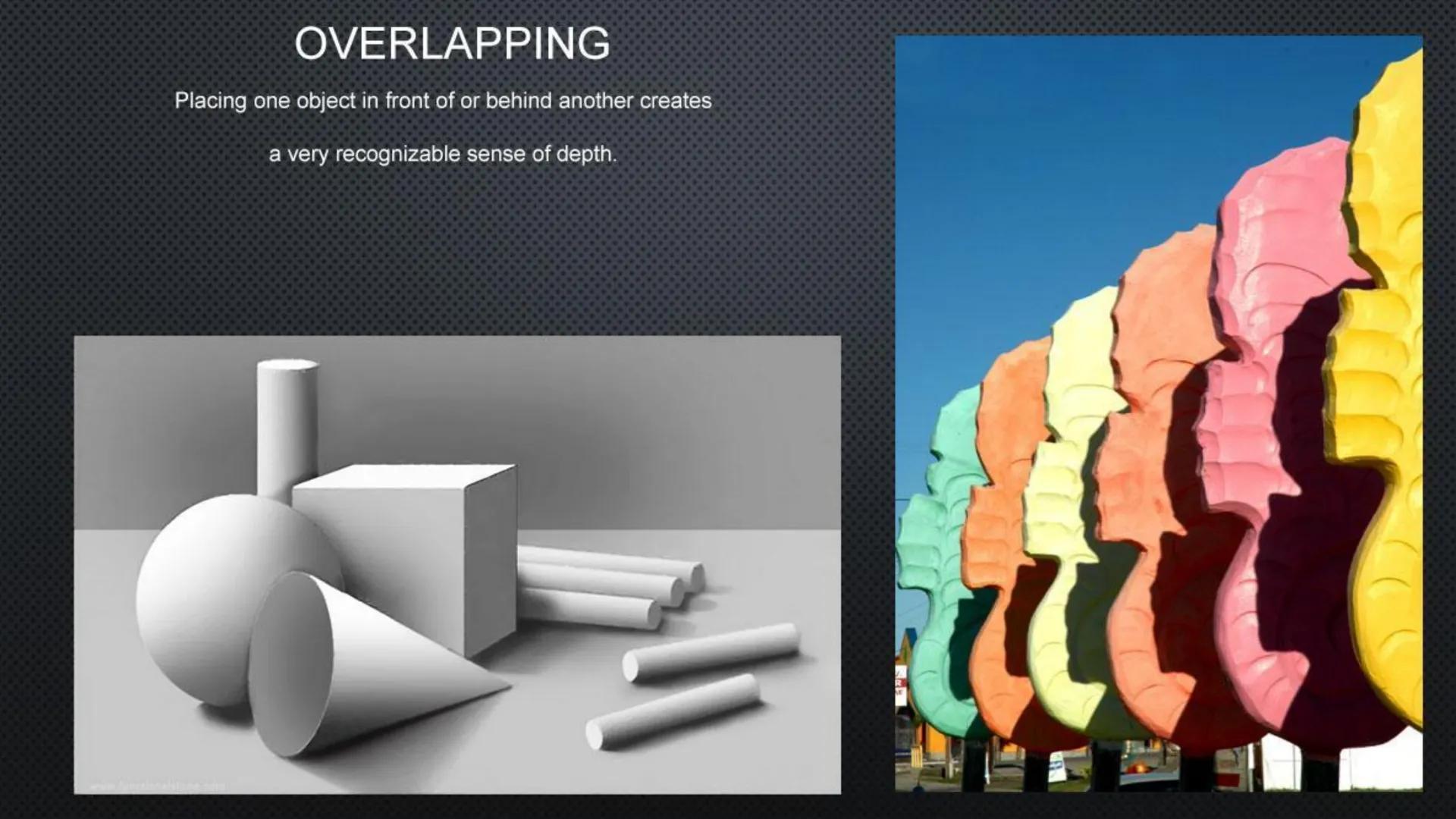 SPACE
Size Variation/Positioning
Smaller in distance Lower Close up
Larger up close Higher = Farther away
1 Point Perspective
1 Vanishing Po
