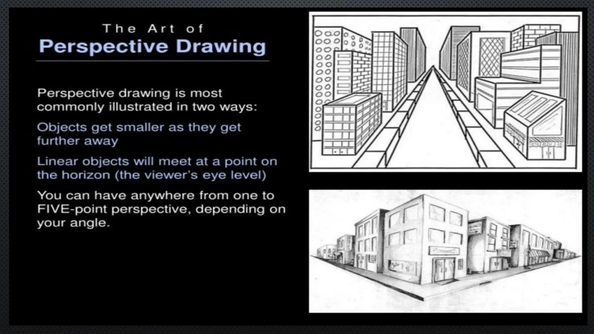SPACE
Size Variation/Positioning
Smaller in distance Lower Close up
Larger up close Higher = Farther away
1 Point Perspective
1 Vanishing Po