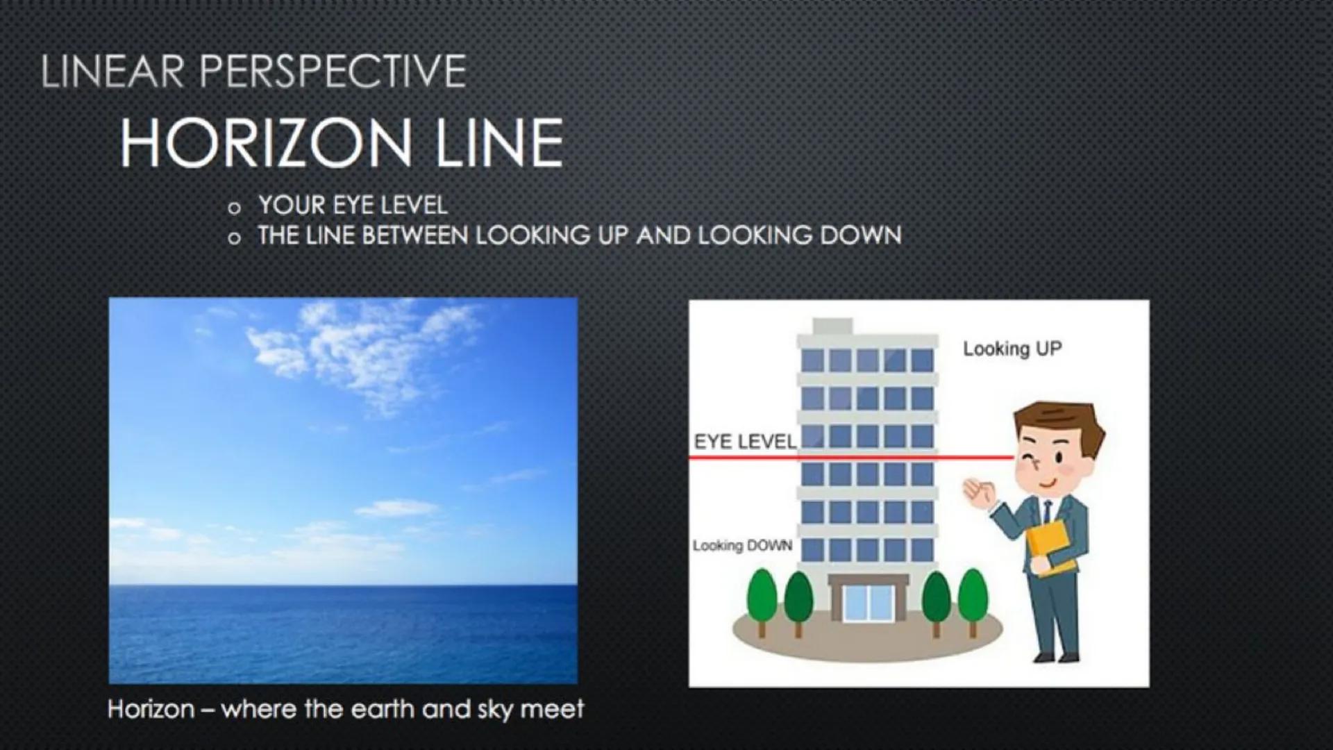 SPACE
Size Variation/Positioning
Smaller in distance Lower Close up
Larger up close Higher = Farther away
1 Point Perspective
1 Vanishing Po