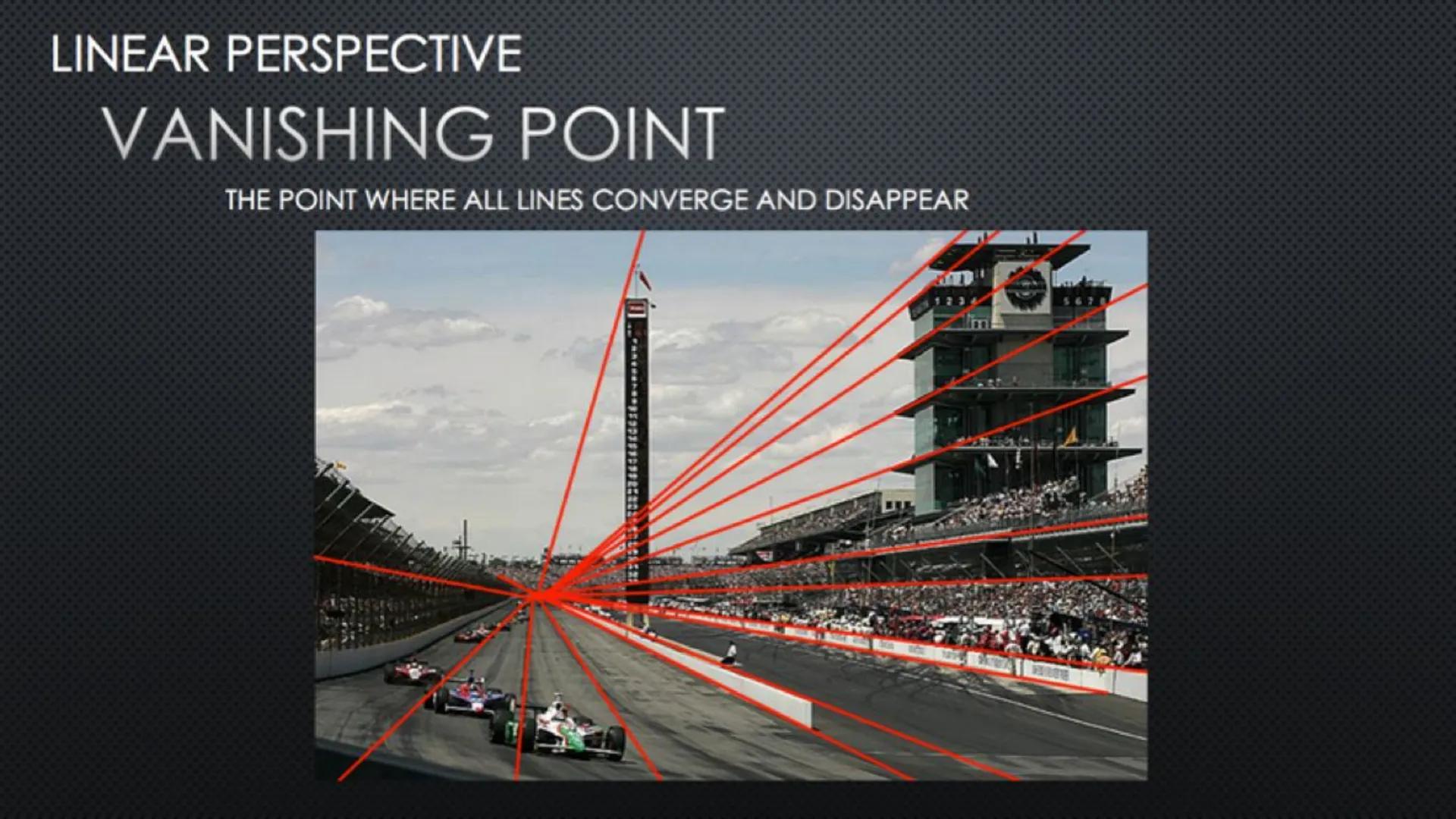 SPACE
Size Variation/Positioning
Smaller in distance Lower Close up
Larger up close Higher = Farther away
1 Point Perspective
1 Vanishing Po