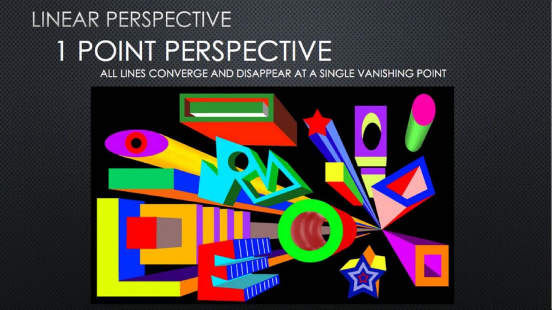 SPACE
Size Variation/Positioning
Smaller in distance Lower Close up
Larger up close Higher = Farther away
1 Point Perspective
1 Vanishing Po
