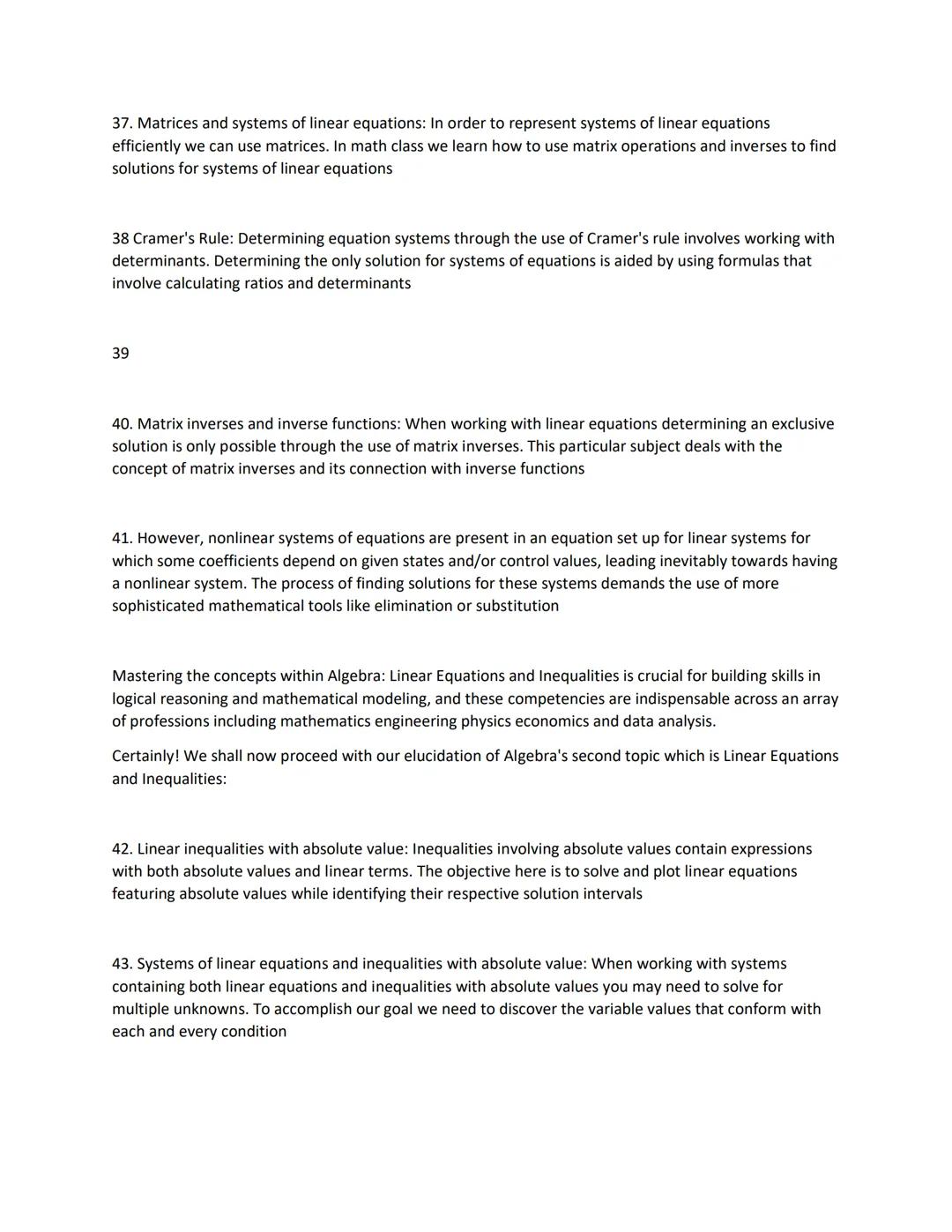 The second topic focuses on Linear Equations and Inequalities within Algebra. To be proficient in Algebra
one must understand fundamental co