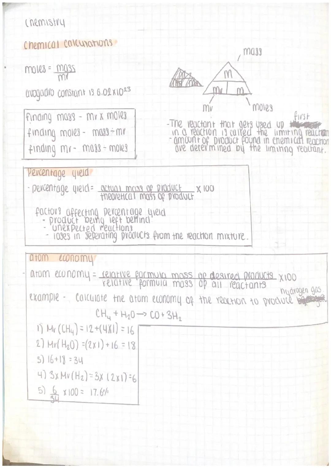 Chemistry
Chemical calculations
moles = mass
mr
avogadro constant is 6.02×1023
finding mass-mrx moles
finding moles mass-mr
finding mr-mass