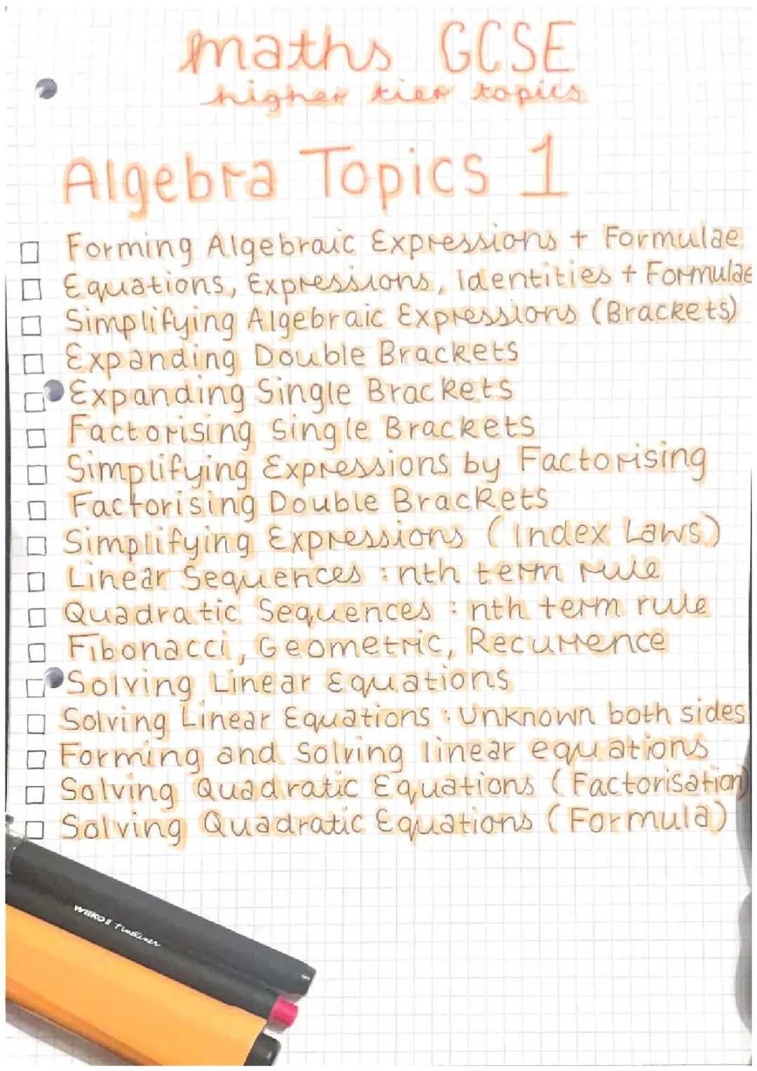 Maths Higher Tier Algebra Topics 1+2
