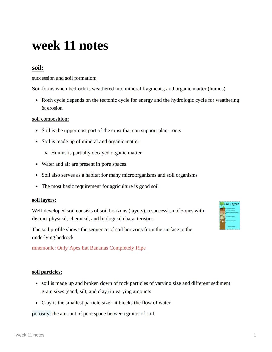 week 11 notes
soil:
succession and soil formation:
Soil forms when bedrock is weathered into mineral fragments, and organic matter (humus)
•