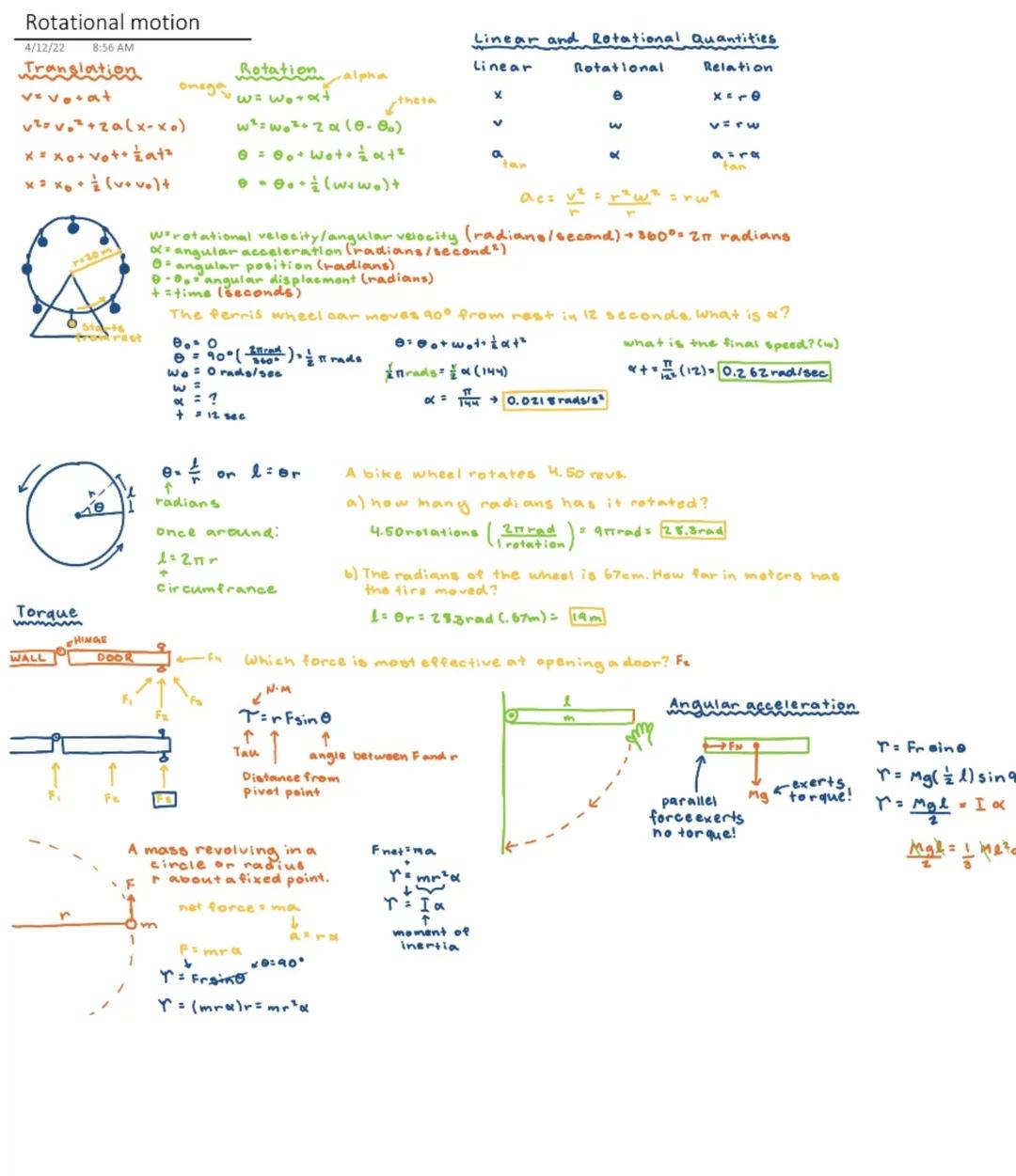 Rotational motion
4/12/22 8:56 AM
Translation
v=vo+at
v²=vo²+2a(x-xo)
x=xo+vot+½at²
x=xo+½(v+vo)t
Rotation alpha
ω=ωo+αt
ω²=ωo²+2α(θ-θo)
θ=