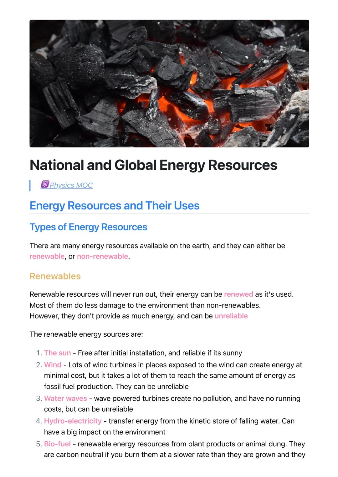 National and Global Energy Resources
Physics MOC
Energy Resources and Their Uses
Types of Energy Resources
There are many energy resources a