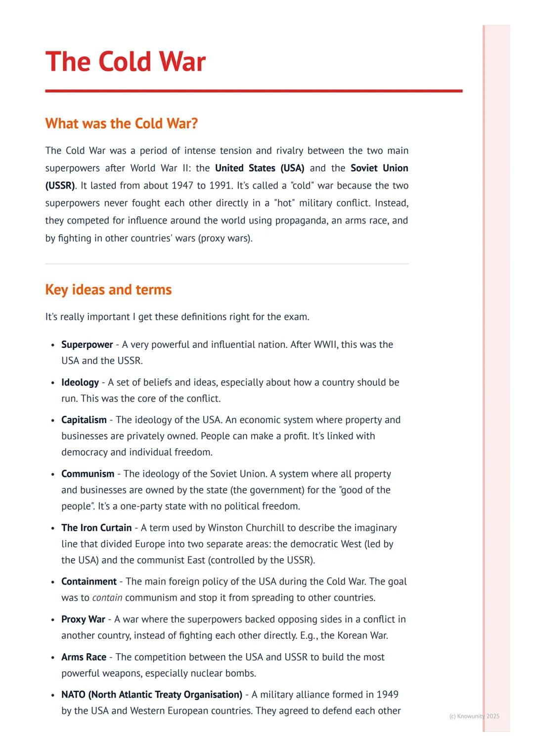 # The Cold War
What was the Cold War?
The Cold War was a period of intense tension and rivalry between the two main
superpowers after Worl