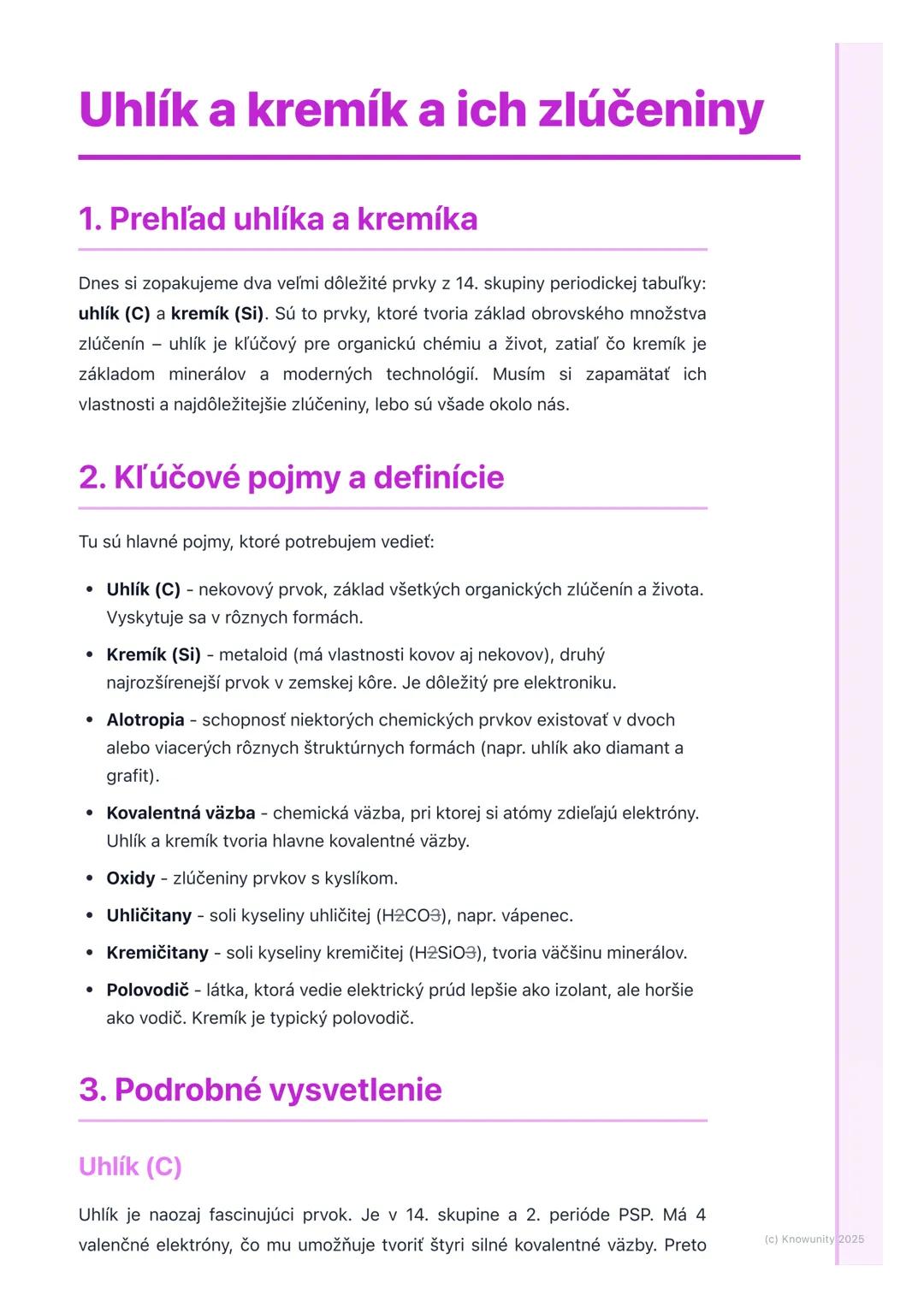# Uhlík a kremík a ich zlúčeniny
## 1. Prehľad uhlíka a kremíka
Dnes si zopakujeme dva veľmi dôležité prvky z 14. skupiny periodickej tabu