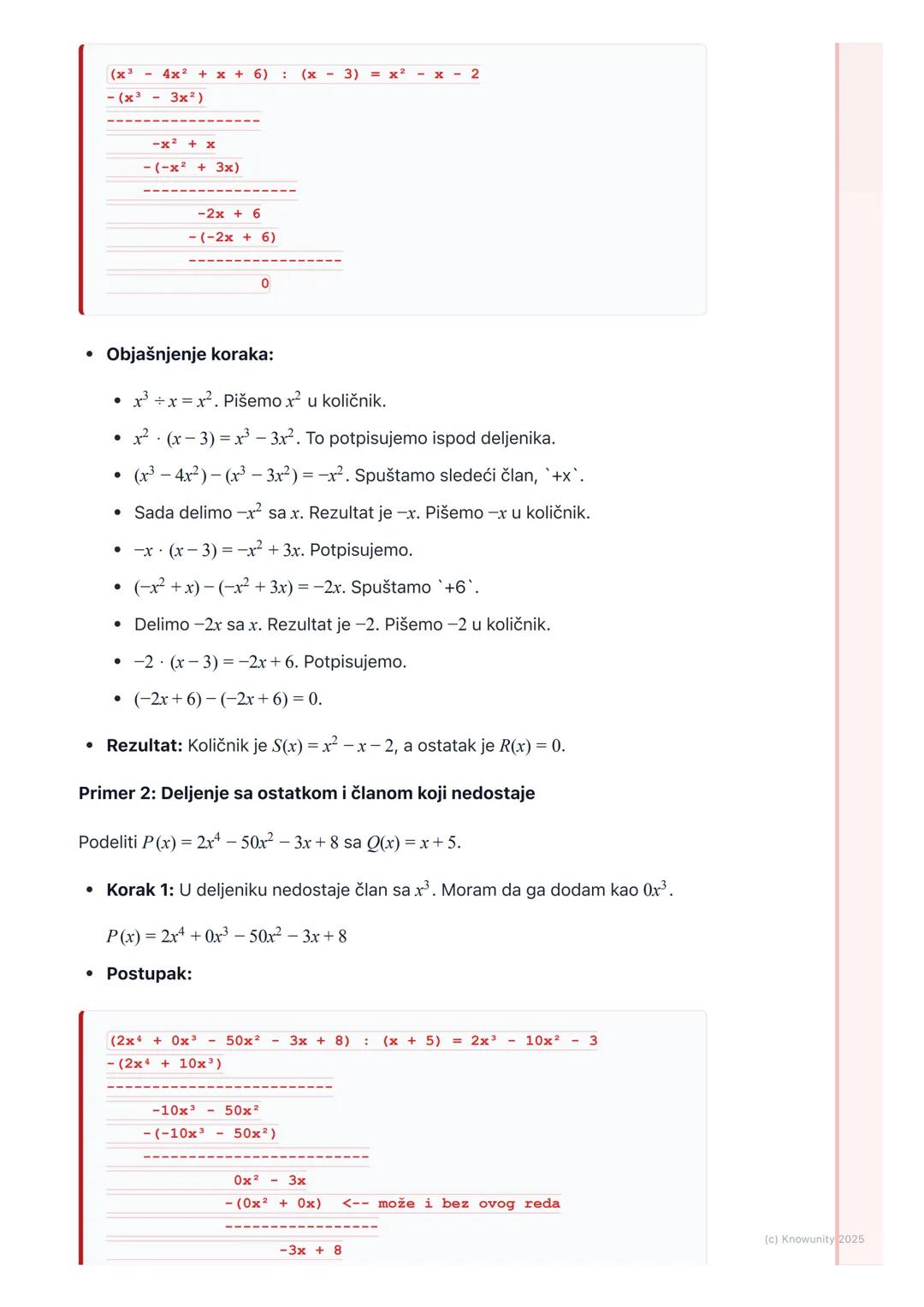 # Deljenje polinoma
Uvod u deljenje polinoma
Deljenje polinoma je vrlo slično običnom deljenju brojeva koje smo učili u
osnovnoj školi, sa