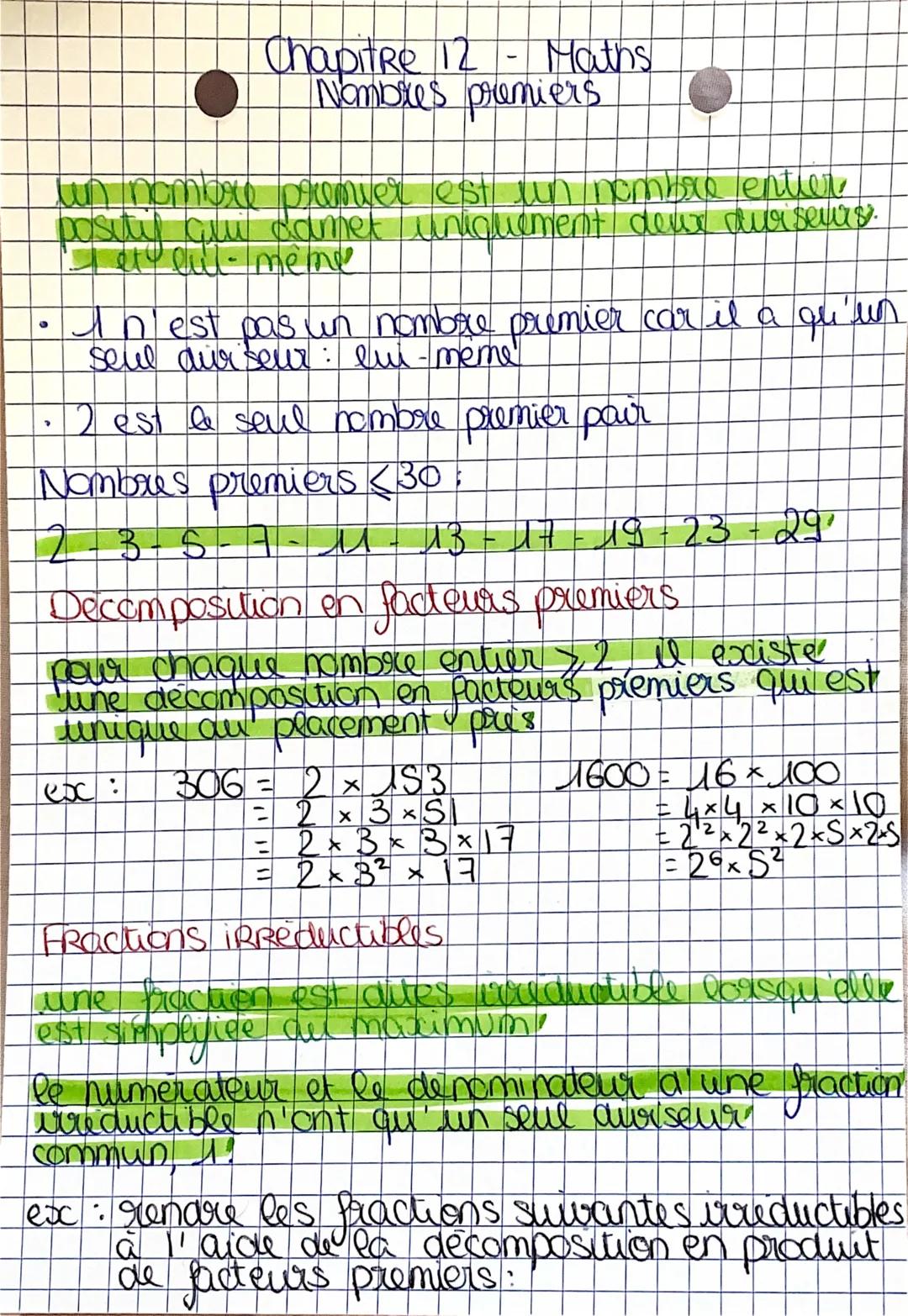 # Chapitre 12 - Maths
Nombres premiers
un nombre premier est un nombre entier
positil cui camet uniquement deux duiseurs.
* In'est pas u