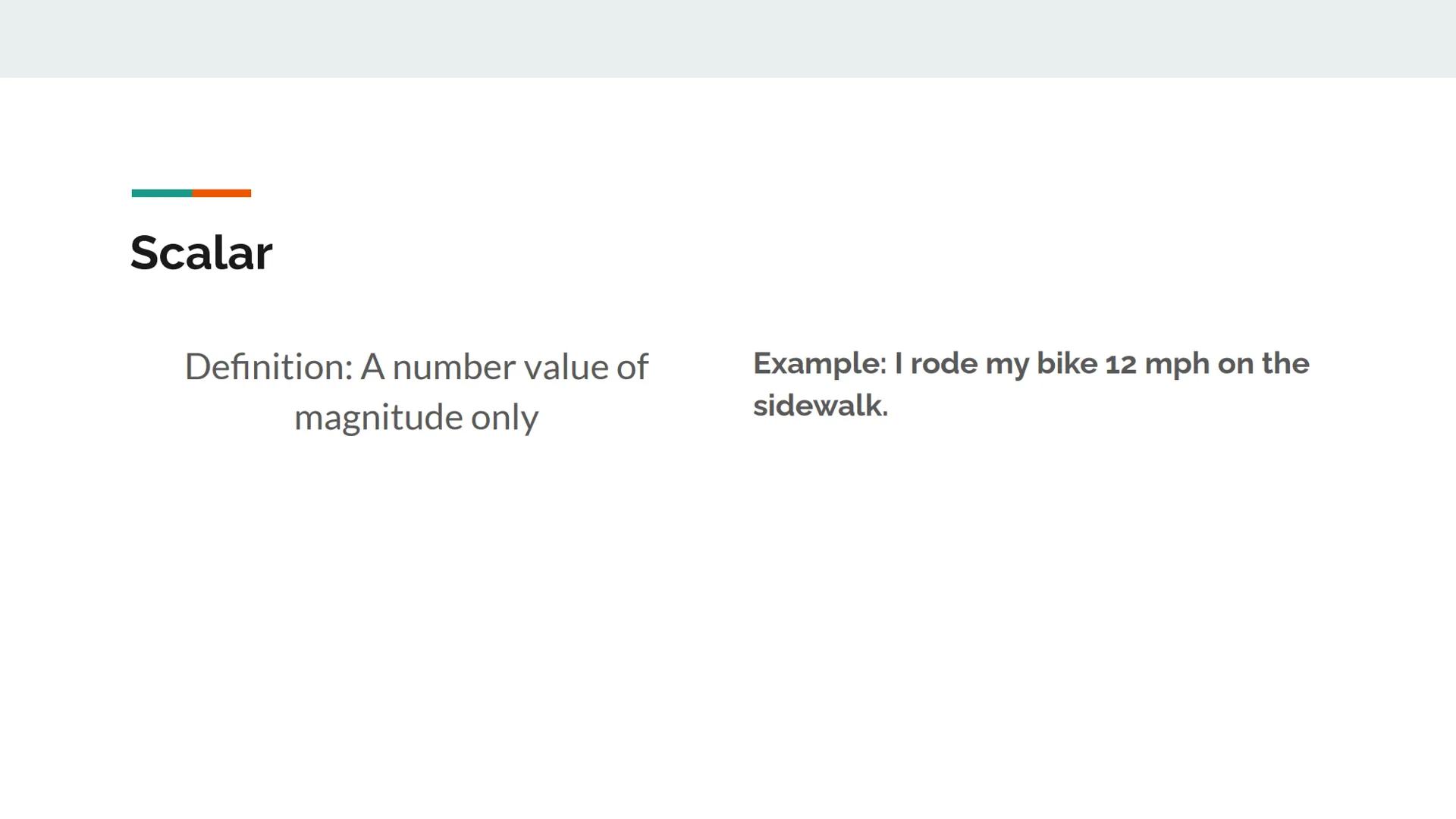 1D-MOTION INFOGRAPHIC PROJECT
By: Chelsea Ngokwere Scalar
Definition: A number value of
magnitude only
Example: I rode my bike 12 mph on the