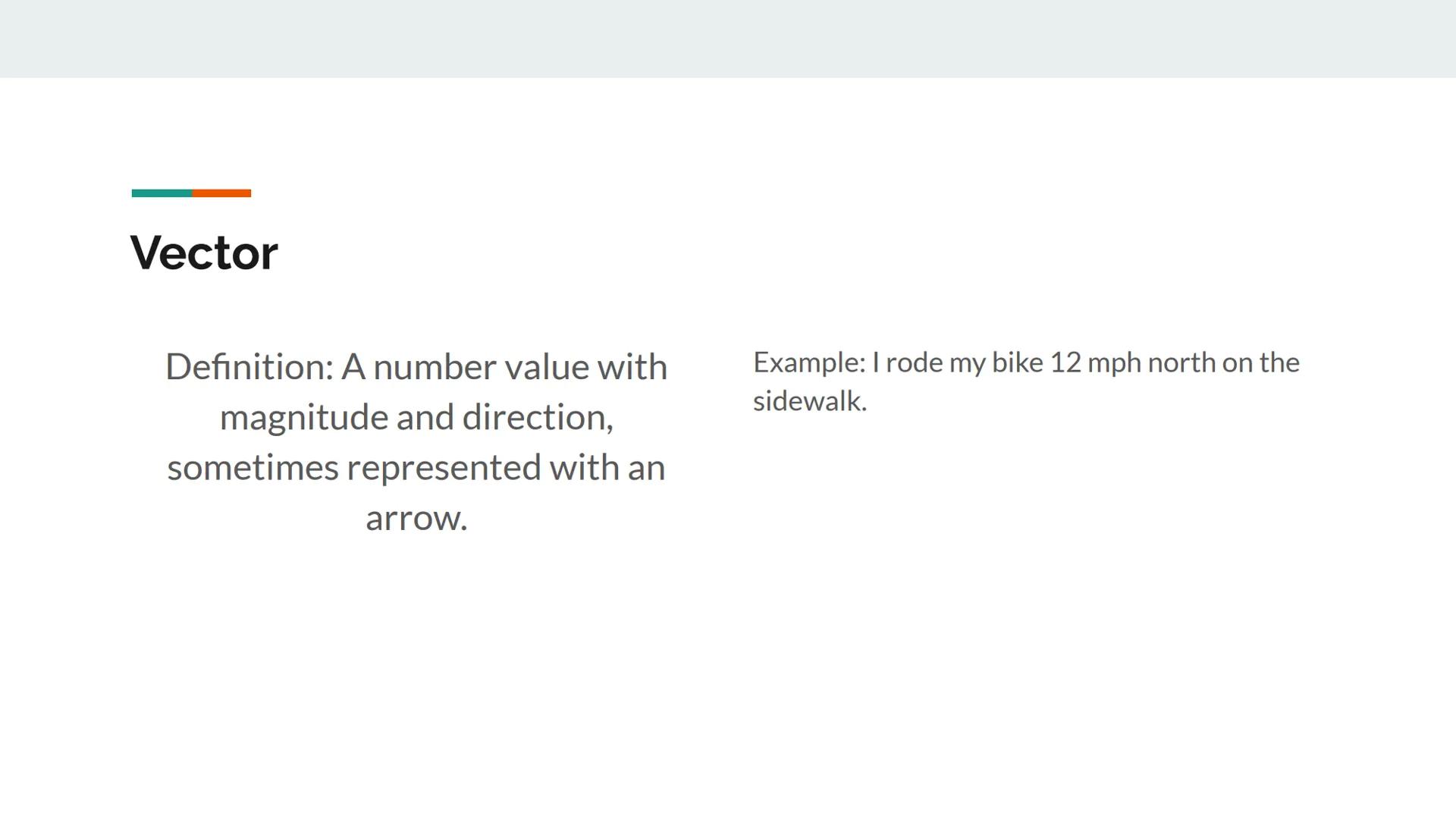 1D-MOTION INFOGRAPHIC PROJECT
By: Chelsea Ngokwere Scalar
Definition: A number value of
magnitude only
Example: I rode my bike 12 mph on the
