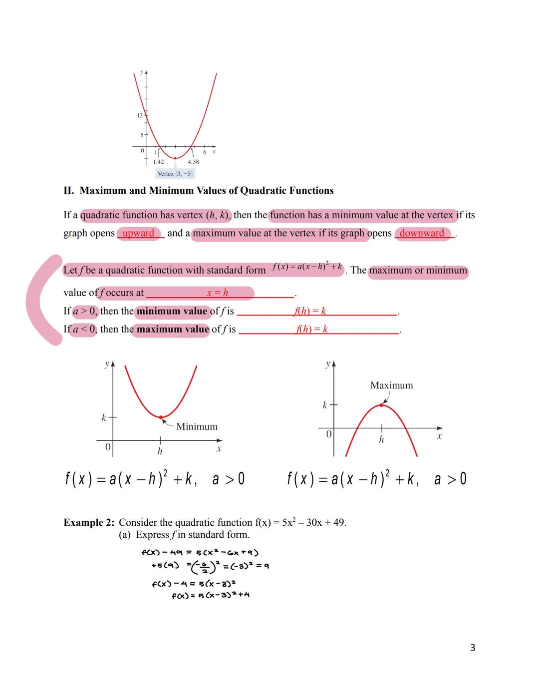 Chapter 3 Polynomial and Rational Functions
3.1 Quadratic Functions and Models
A polynomial function of degree n is a function of the form
A