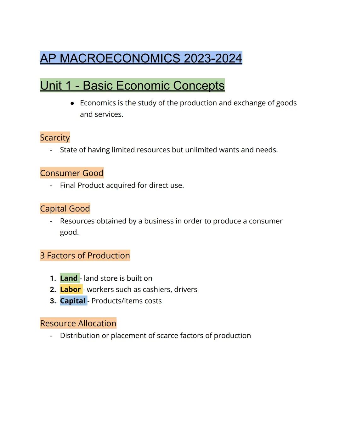 AP MACROECONOMICS 2023-2024
Unit 1 - Basic Economic Concepts
• Economics is the study of the production and exchange of goods
and services.